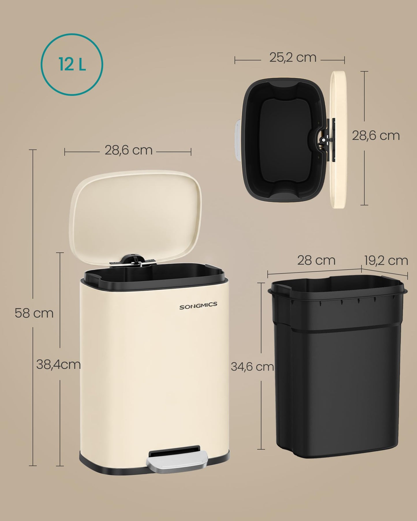 SONGMICS Trash Can, Pedal Trash Can Made of Steel, Trash Can with Lid and Inner Bucket, 12 L, 38.4 x 28.6 x 25.2 cm, Small Cosmetic Bin for Bathroom, Beige, PLUSHIC Collection LTB112LZ02
