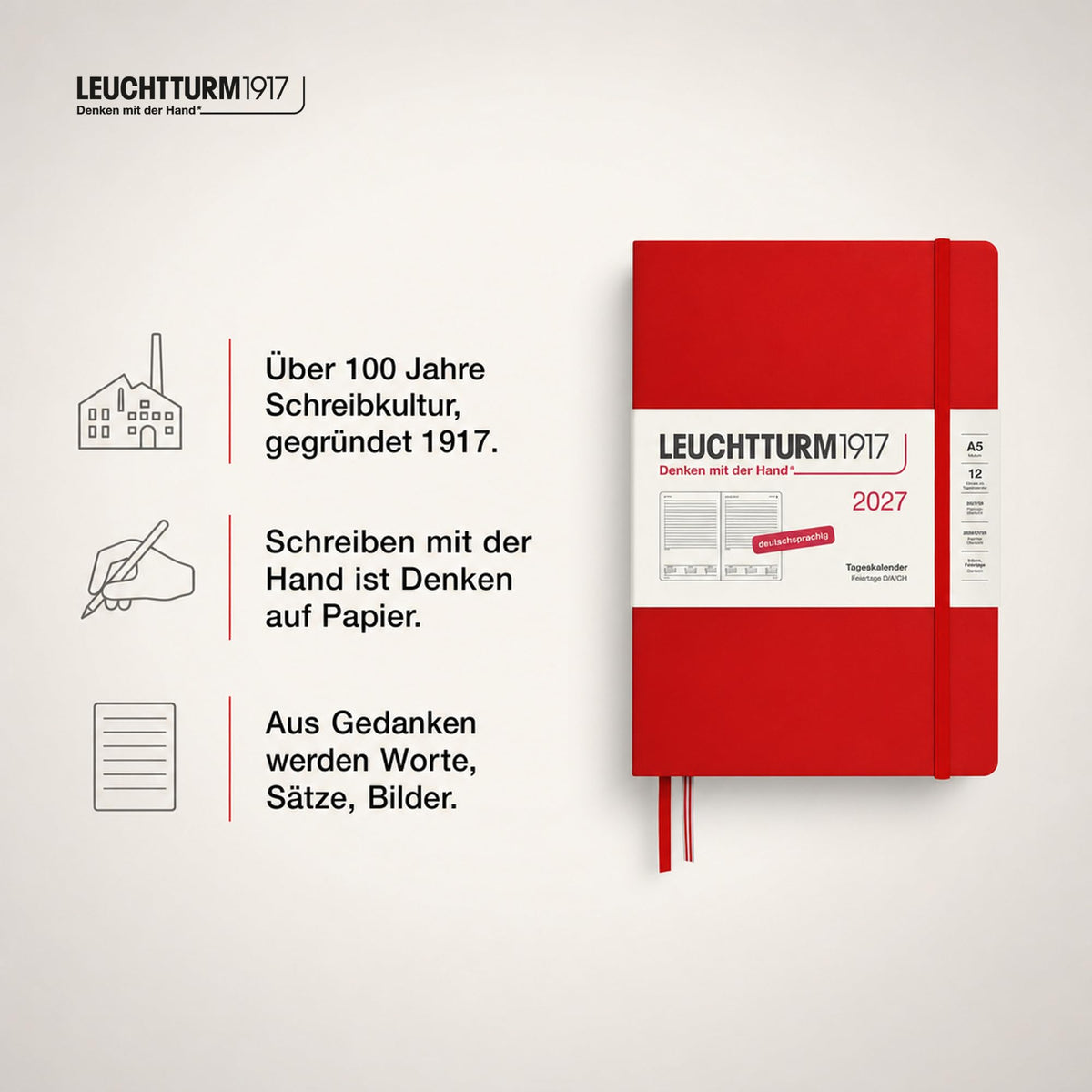 LEUCHTTURM1917 Daily Calendar 2027 Medium (A5) - German, Cherry, 145 x 210 mm, January-December (12 months), 1 page per day, hourly grid 7:00-22:00, hardcover, 80 g/m² paper - 400159