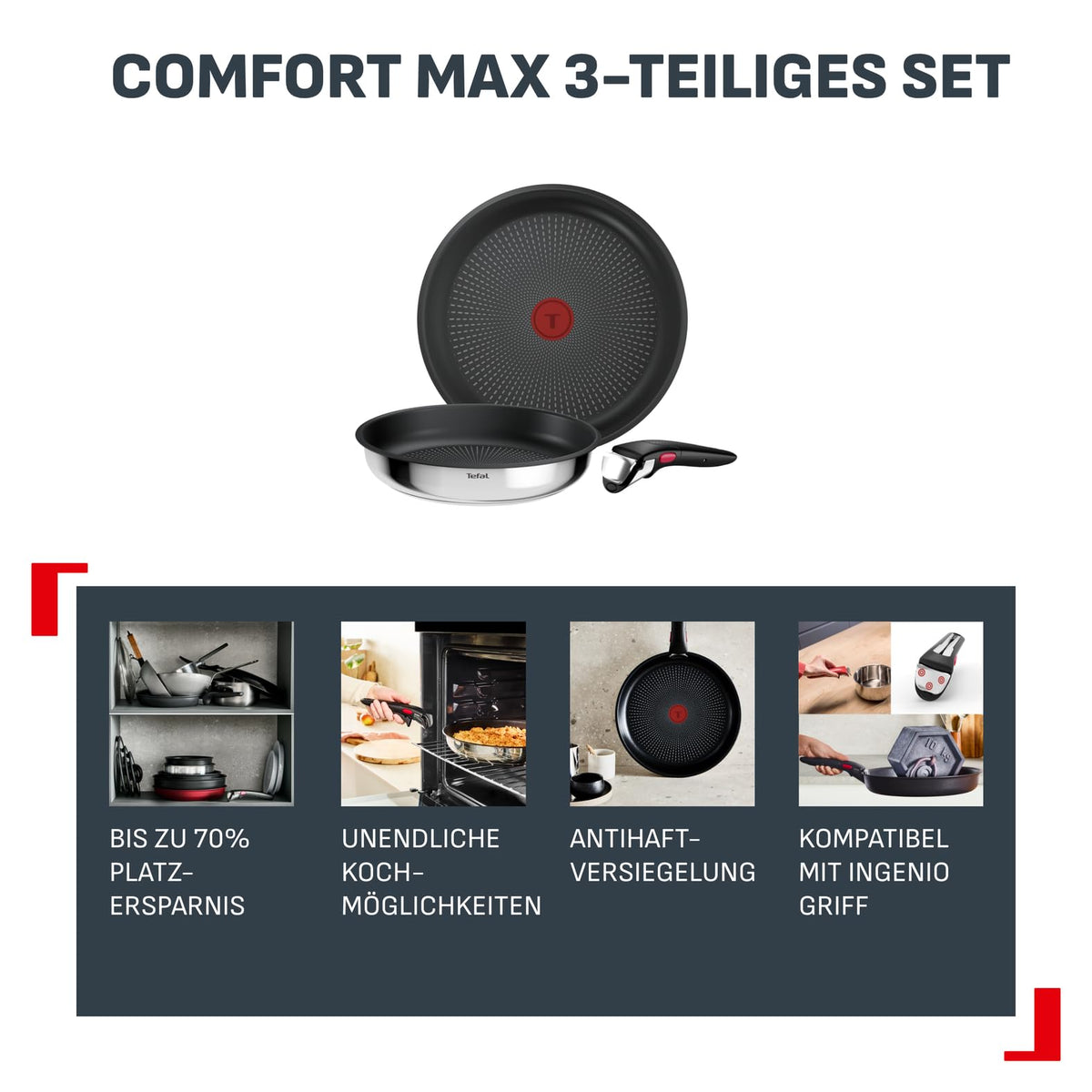 Set de tigăi Tefal Ingenio Comfort Max 3 piese, stivuitor, economisind spațiu - L966S344