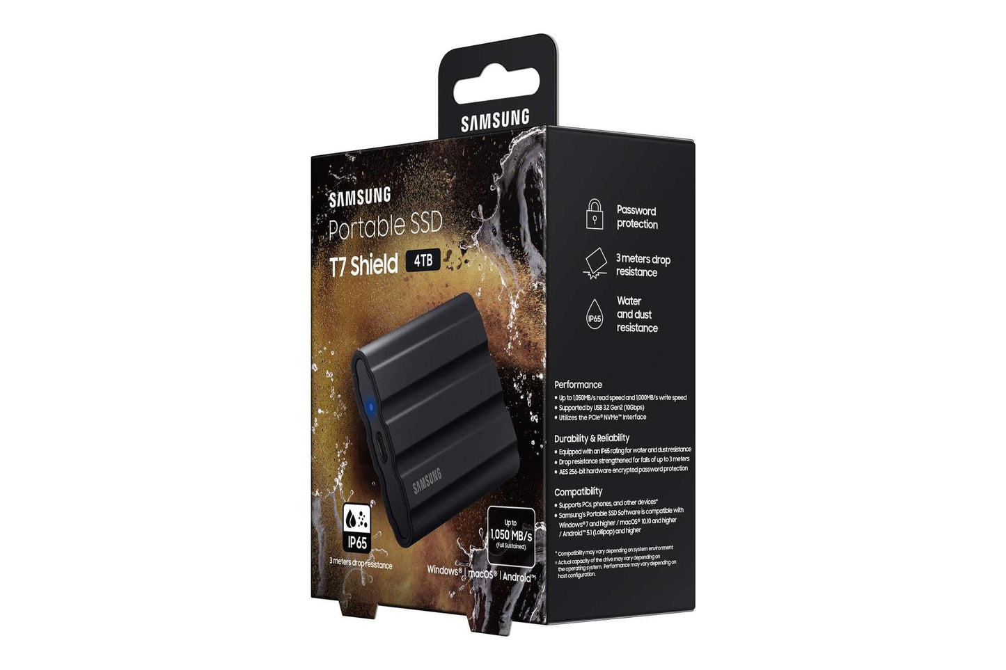 Samsung Portable SSD T7 Shield, 4 TB, USB 3.2 Gen.2, 1,050 MB/s read, 1,000 MB/s write, robust external hard drive outdoor for Mac, PC and smartphone, black, MU-PE4T0S/EU