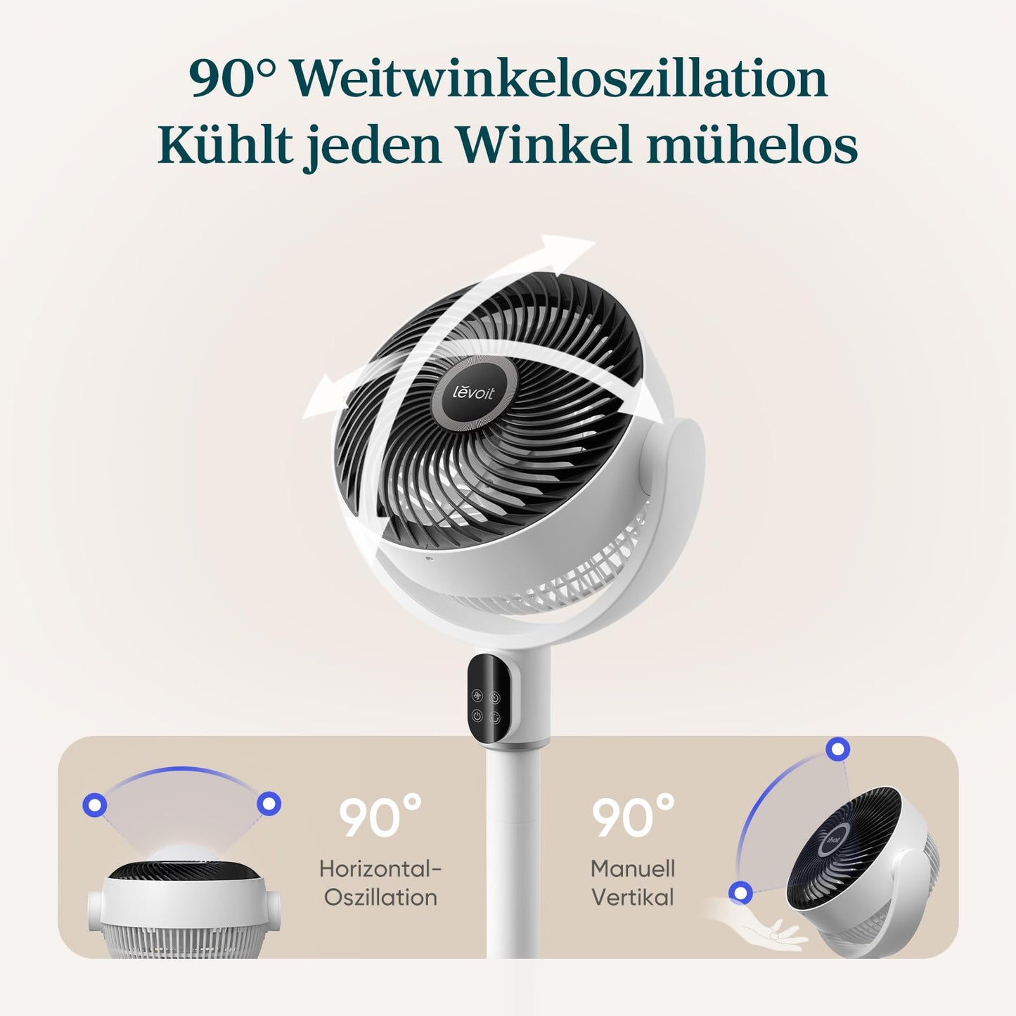 Levoit pedestal fan with DC motor, 20dB quiet fan, 1740m³/h airflow, 24m range, 6.5m/s, 90°+90° oscillation, 2 in 1 height adjustable, 5 levels, 12 hour timer, cloud gray, 97 cm - LPF-R382-WEU