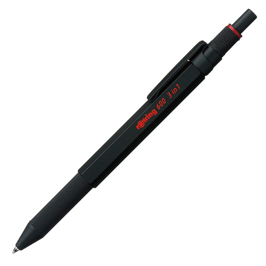 rOtring 600 3-in-1 writing instrument with ballpoint pen and mechanical pencil | Ballpoint pen with 2 fine tips (black and red ink) | 1 mechanical pencil with tip (0.5 mm lead) | Black - 2164108
