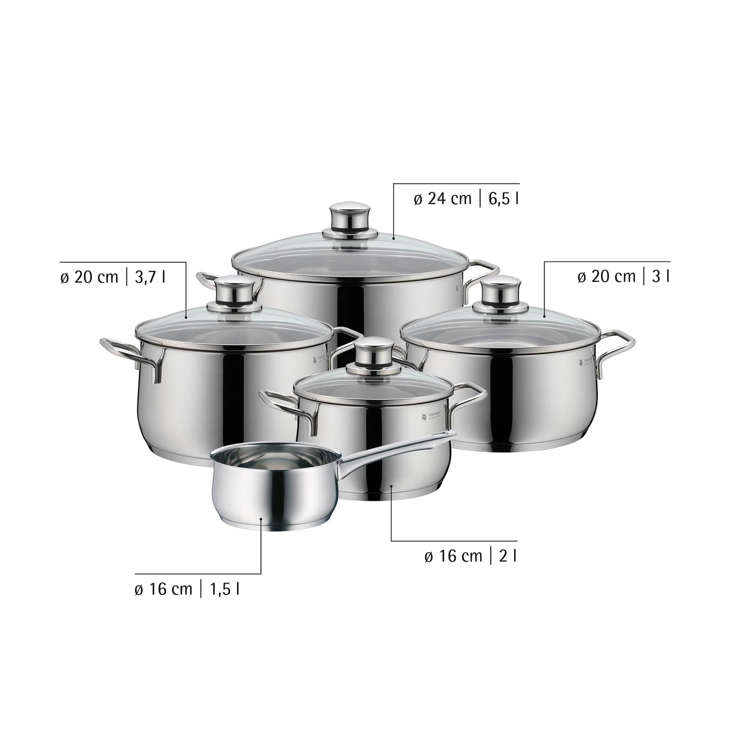 WMF Diadem Plus pot set induction 5-piece, cooking pot set with glass lid, Cromargan polished stainless steel, induction pot set uncoated - 0730356040