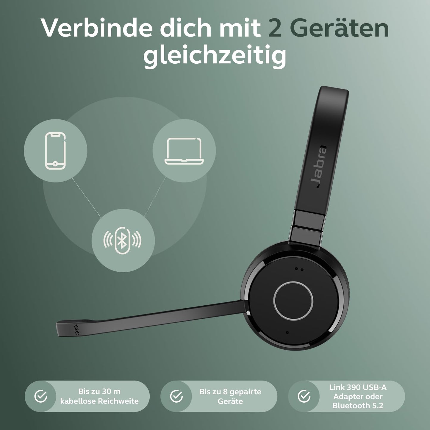 Jabra Evolve 65 TE (3rd Edition 2025) Wireless Bluetooth Stereo Headset with Noise Canceling Microphone, Connects 2 Devices, 16h Battery Life, USB-A Adapter, MS Teams Certified, Black - 6699-833-309