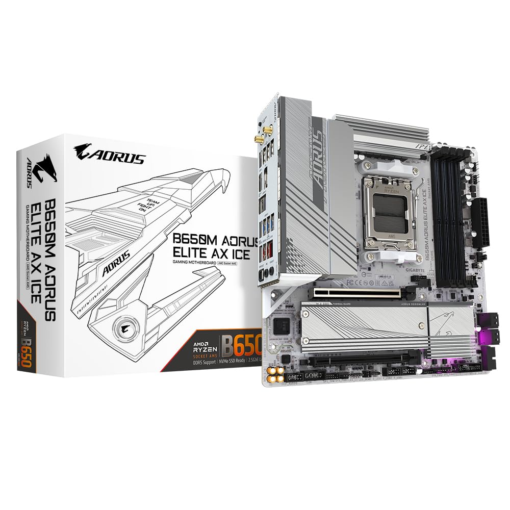 GIGABYTE B650M AORUS Elite AX Ice Mainboard - AMD Ryzen 9000 Series, 12+2+2 Phase VRM, up to 8000 MHz DDR5 (OC), 1x PCIe 5.0 + 1x PCIe 4.0 M.2, 2.5 GbE LAN, WiFi 6E, USB 3.2 Gen 2x2