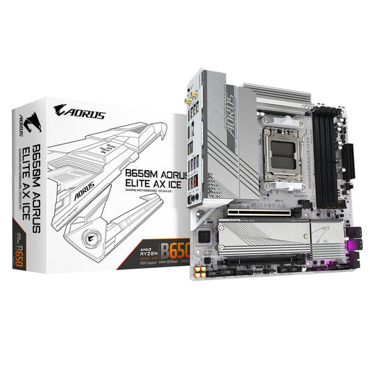 Placa de bază GIGABYTE B650M AORUS Elite AX Ice - Seria AMD Ryzen 9000, VRM 12+2+2 faze, până la 8000 MHz DDR5 (OC), 1xPCIe 5.0 + 1xPCIe 4.0 M.2, LAN 2,5 GbE, WiFi 6E, USB 3.2 Gen 2x2