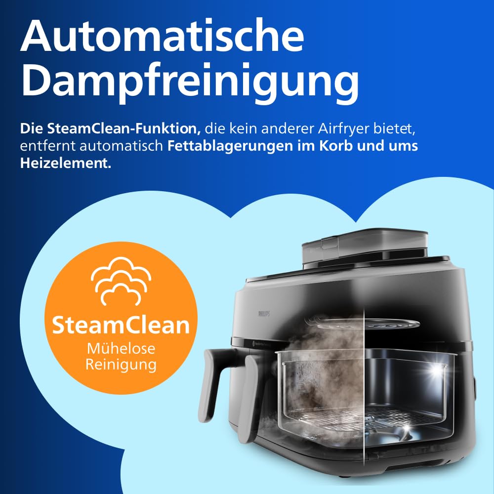 Philips Steam Airfryer 5000 Series Dual Basket Hot Air Fryer with Steam Function & 2 Baskets - Steam, Airfry, SteamFry, 9L (3L+6L), RapidAir Plus, Automatic Steam Cleaning (NA555/00)