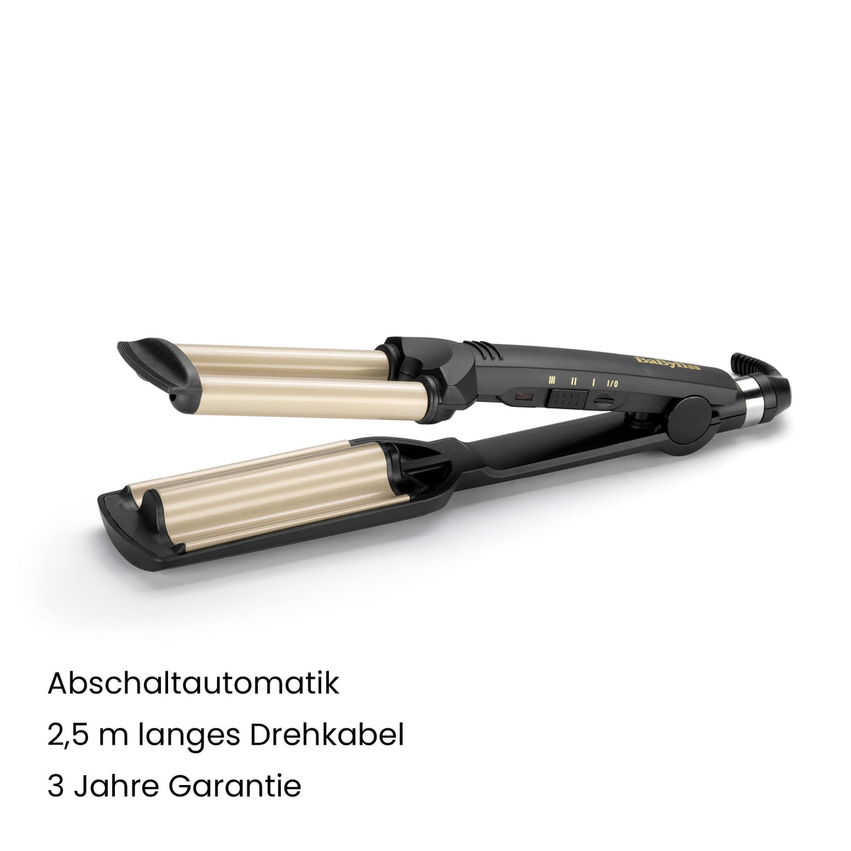 BaByliss Easy Waves – Ondulator pentru Beach Waves, acoperire din ceramică-titan, 3 setări de temperatură, vârfuri rezistente la căldură, aurie și neagră, C260E - 3030050064308