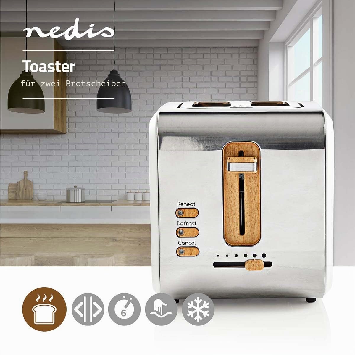Nedis Toaster - Soft-Touch - 6 Different Levels - Defrost and Reheat Function - Crumb Tray - Auto Shut-off - Household Appliance - Cancel Function - 2 Wide Slots - White - 5412810270330