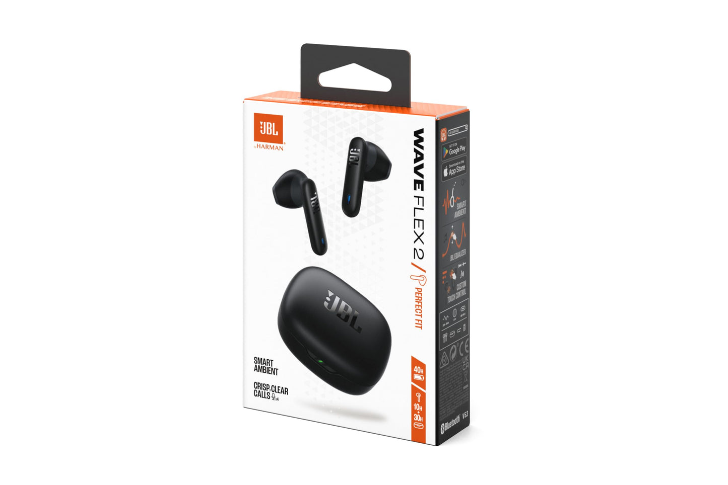 JBL Wave Flex 2, wireless Bluetooth in-ear headphones with 40 h playback time, JBL Pure Bass Sound, Smart Ambient technology, IP54 water and dust protected, multipoint connection, black - JBLWFLEX2BLK