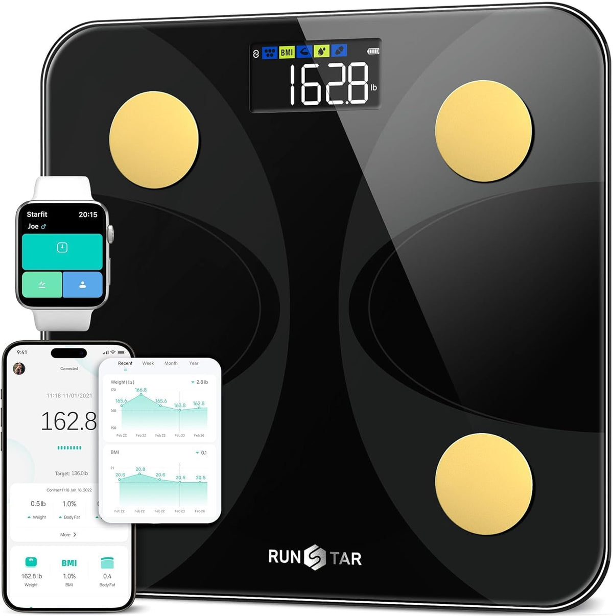 RunSTAR Cântar de grăsime corporală, cântar digital pentru persoane cu display mare, analizor pentru 13 valori esențiale ale corpului, cu sincronizare prin aplicație, Negru Aurit - FG2210-G