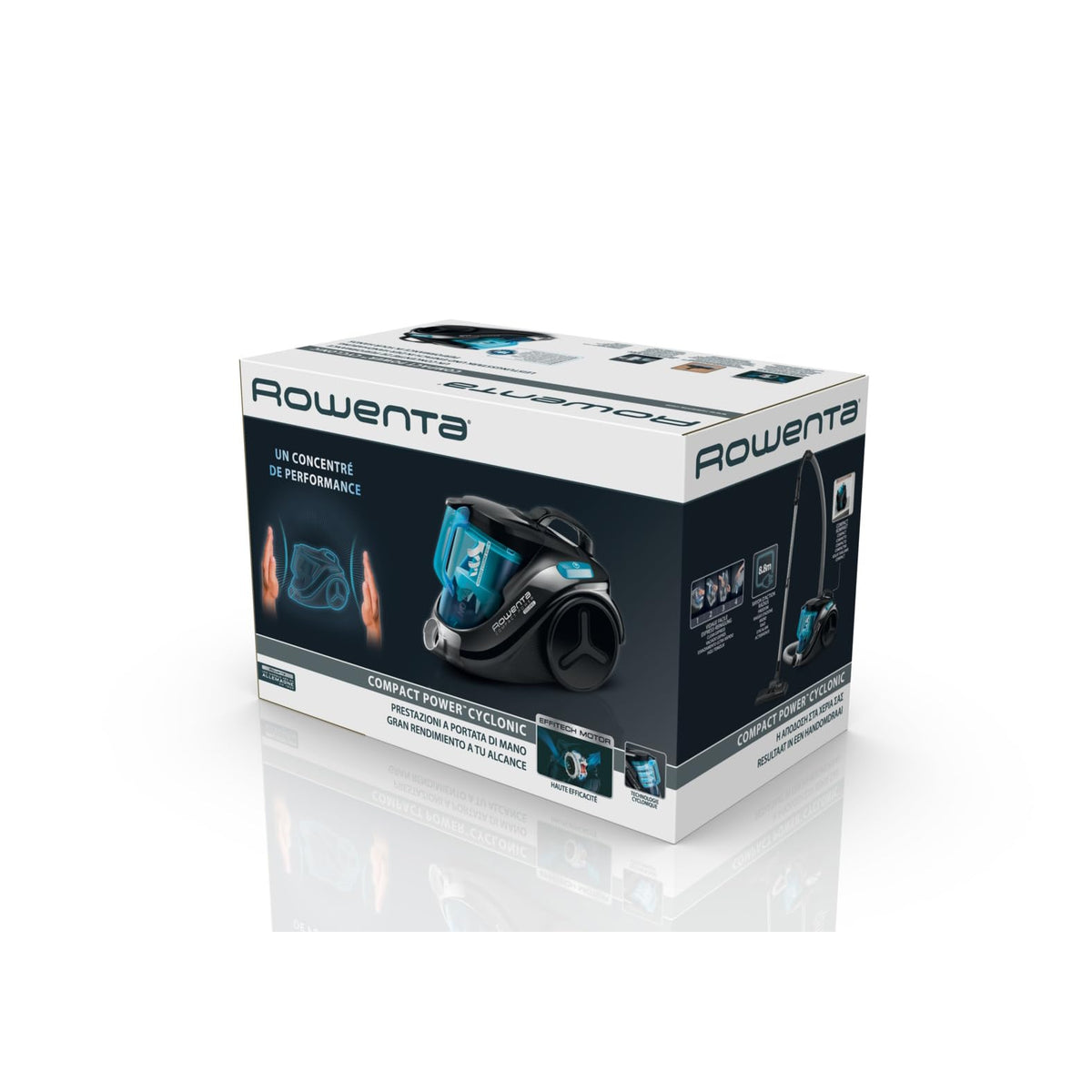 Rowenta Compact Power Cyclonic, aspirator fără sac, îndepărtează murdăria adânc înrădăcinată, 750 Watt, capacitate de 1,5 litri, golire ușoară, aspirator silențios, negru/albastru, RO3731 - RO3731EA
