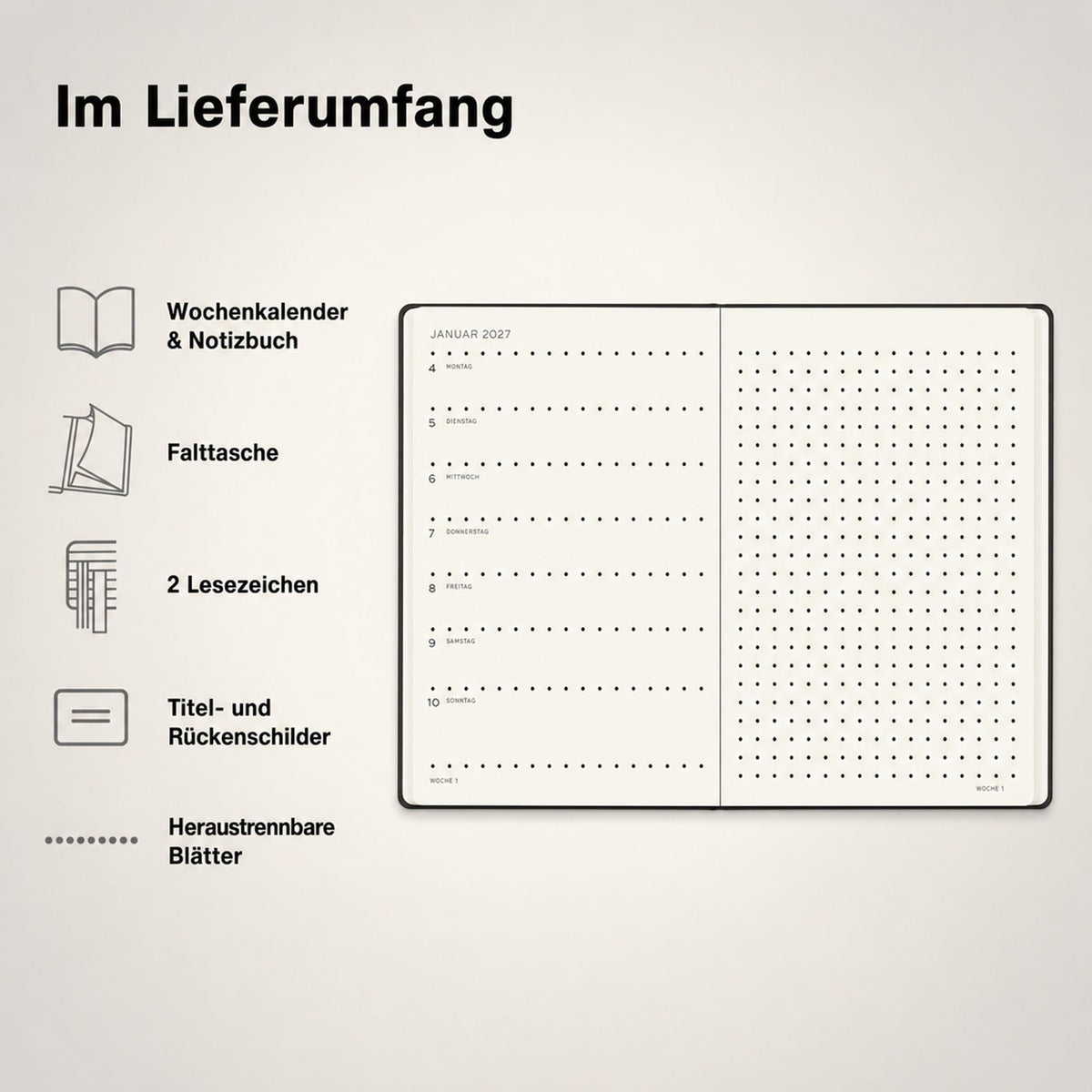 LEUCHTTURM1917 calendar săptămânal 2027 punctat mediu (A5) cu caiet - planificator de întâlniri germană, indigo, ianuarie-decembrie 2027, prezentare săptămânală în stânga + pagina de note în dreapta - 400096