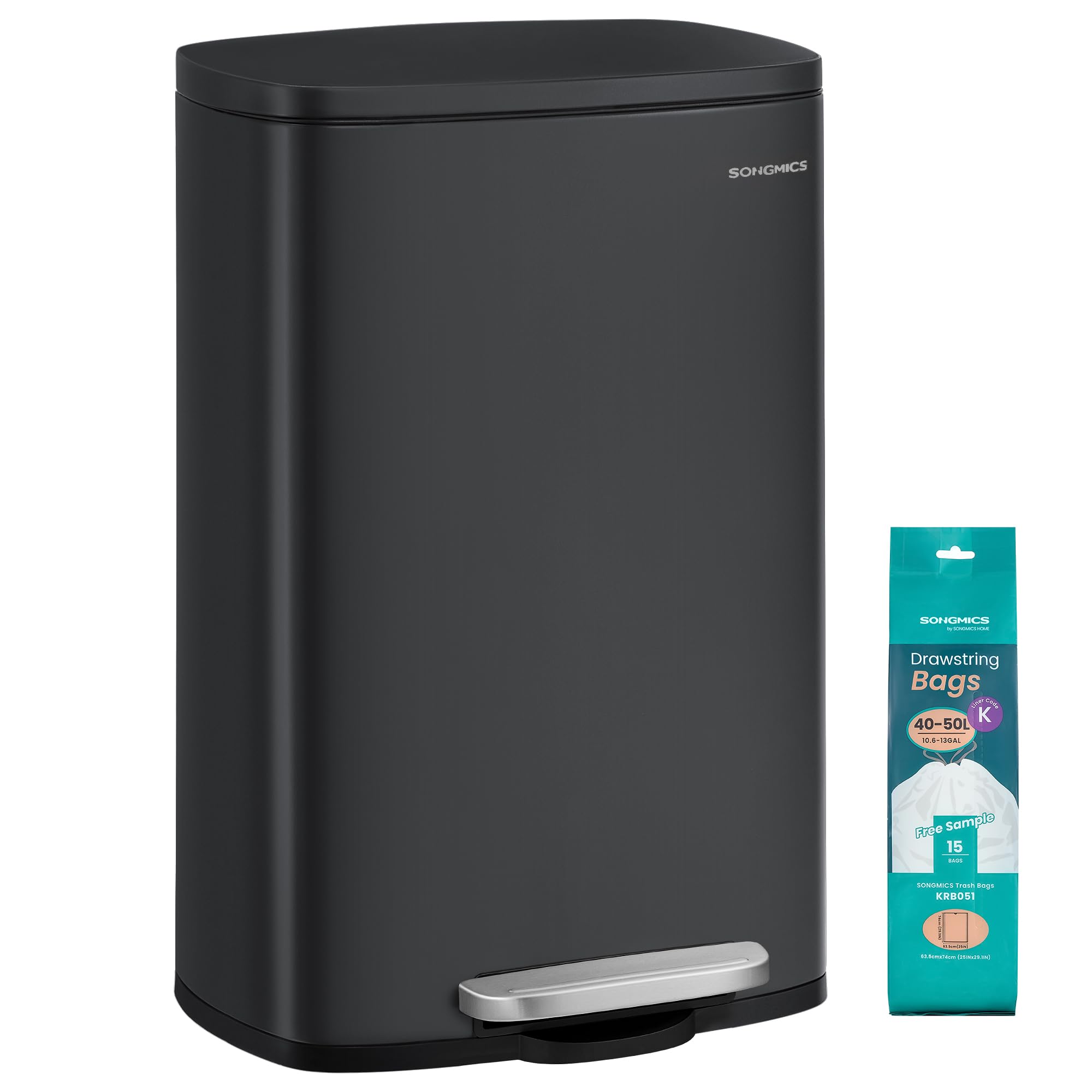 SONGMICS kitchen rubbish bin, 50 liters, waste bin, pedal bin, with lid, soft close, foot pedal, steel, inner bin, black LTB050B02