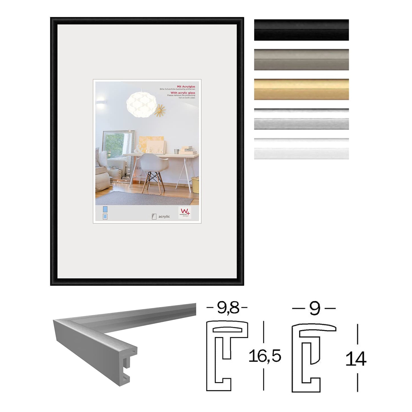walther design picture frame silver 50 x 60 cm with artificial glass, New Lifestyle plastic frame KVX060S