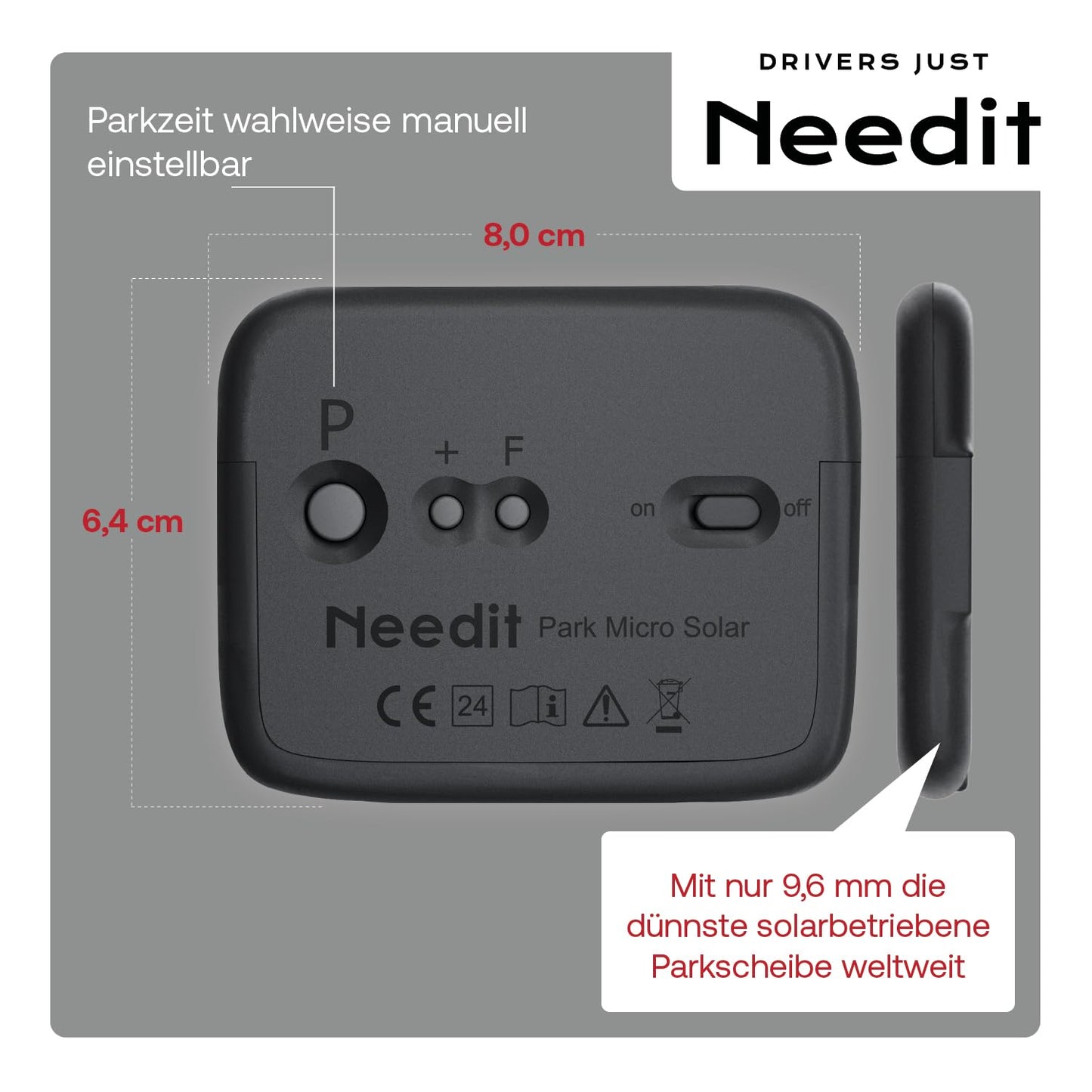 Needit Park Micro Solar Electronic Parking Disc [NEW Model 2025] I infinite energy, zero battery change | the only parking disc in Germany with an integrated rechargeable battery | black - 9010