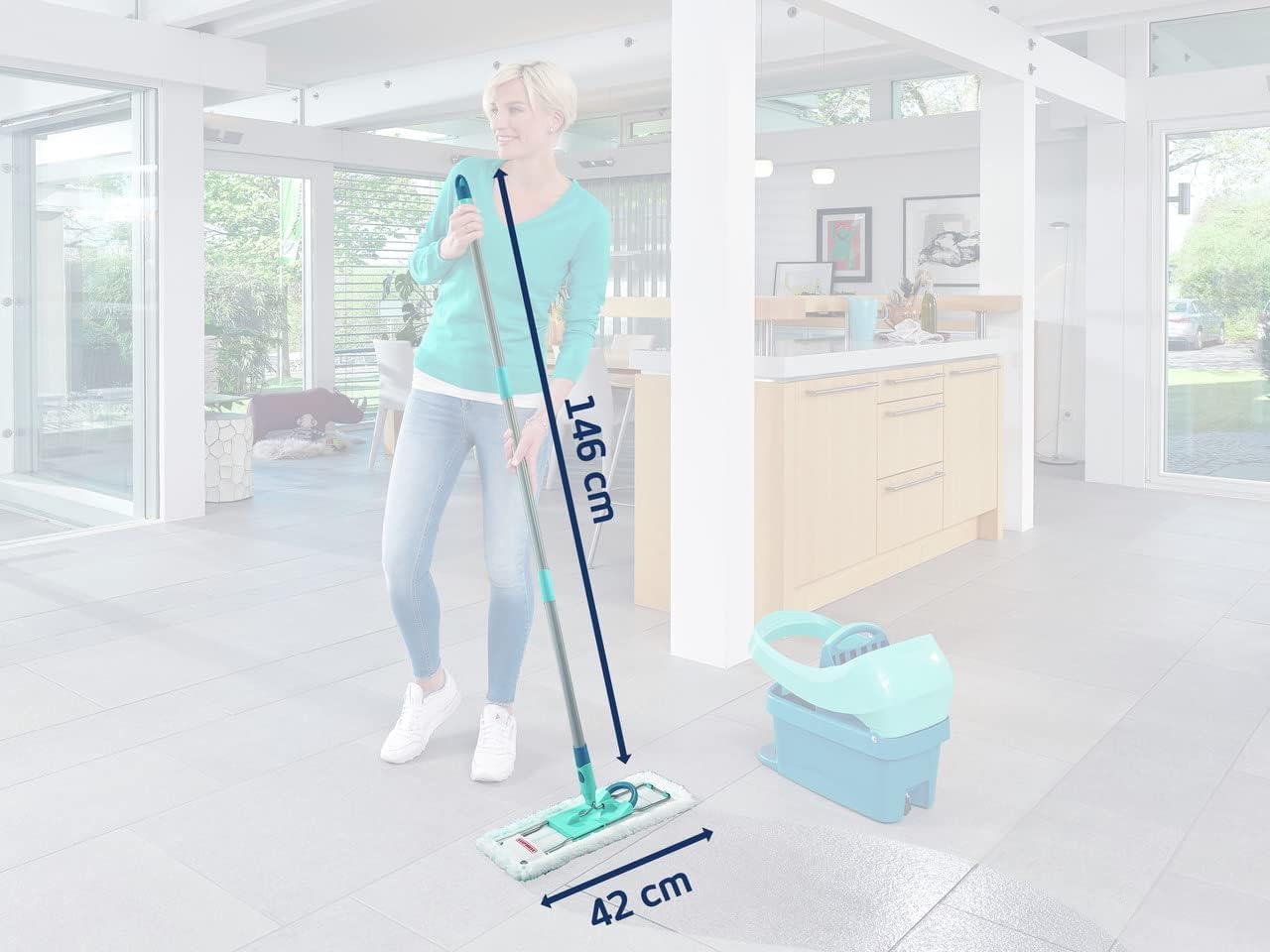 Leifheit back-friendly floor mop Profi XL Micro Duo, steel handle 146cm, mop with foot click, microfiber cover for tiles and laminate, 360 degree swivel joint, click system - 55019