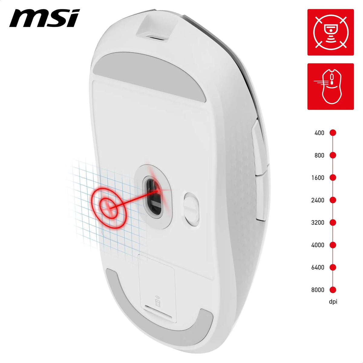 MSI Versa 300 Wireless White Gaming Mouse – 8000 DPI, symmetrical, Kailh micro switches with 30 million clicks, 6 buttons, 50 hours battery life, 1 ms latency, RGB, 60 g – wired/wireless - S12-4301440-CLA