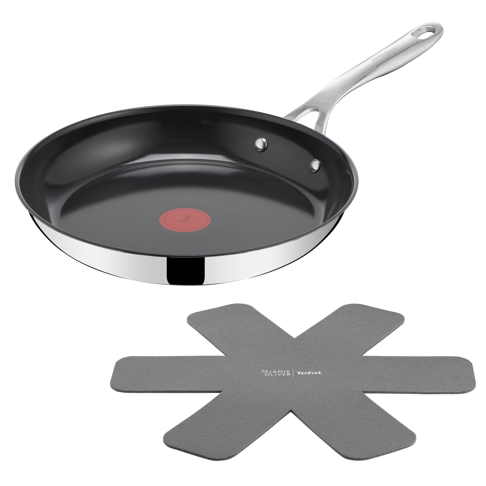 Tefal Jamie Oliver by Direct Cook frying pan 28 cm, including pan protector, ceramic non-stick surface, long-lasting seal, thermal signal, for all types of stoves, oven safe, stainless steel - H8802S