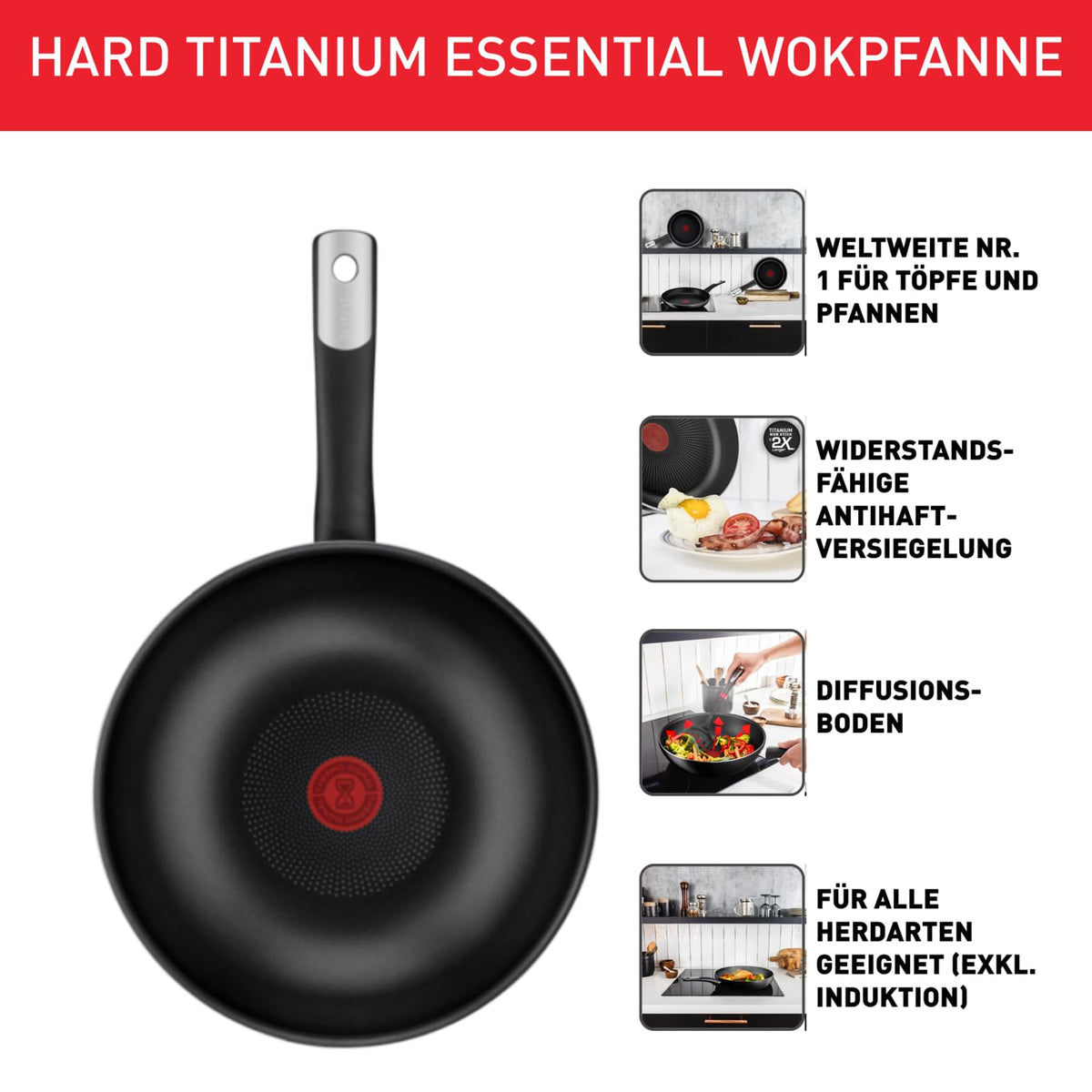 Tefal C38819 Hard Titanium Essential Wok de 28 cm, cu un strat antiaderent cu particule de titan, indicator de temperatură Thermo-Signal, lavabil în mașina de spălat vase, Fabricat în Franța, Negru