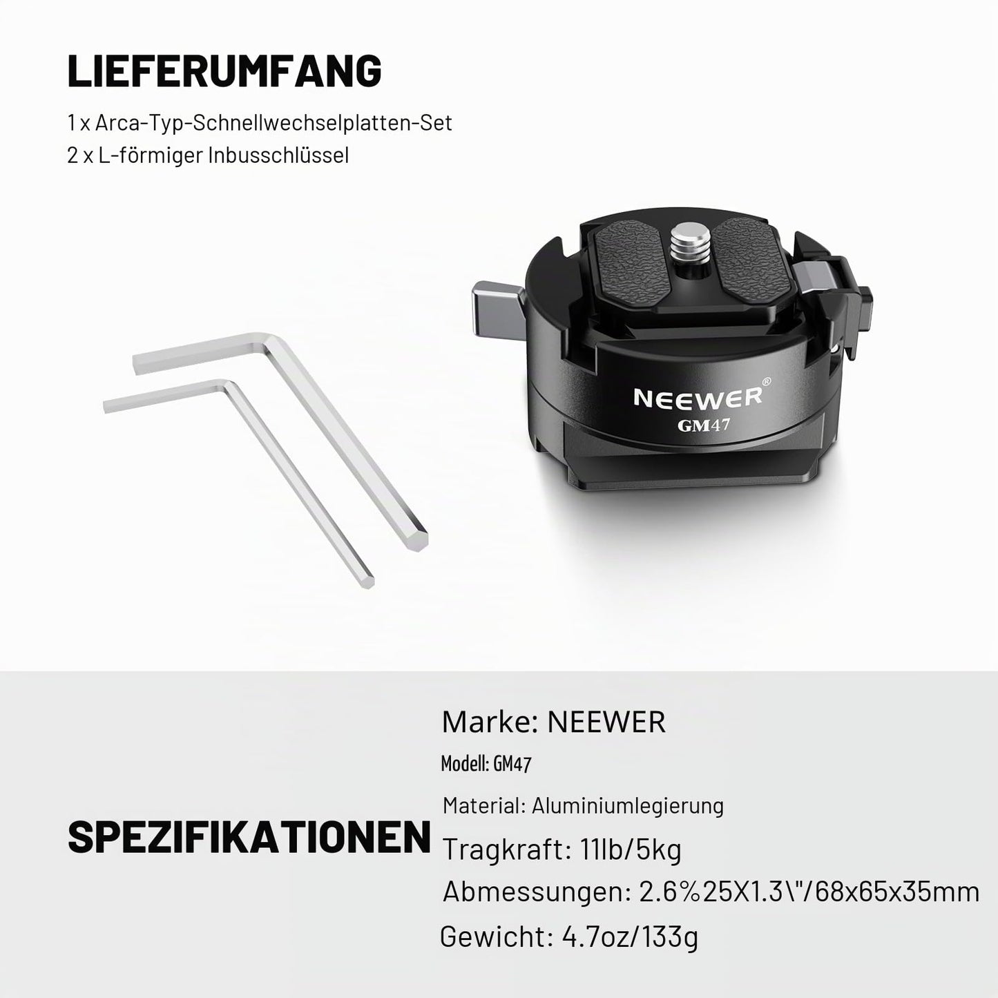 NEEWER GM47 quick release plate kit, quick release auto lock square QR plate compatible with Peak Design Capture V3 clip, Arca Type Clamp Base compatible with Arca Swiss DJI Ronin RS 4 Pro RS 3 RS 2 - 10104399