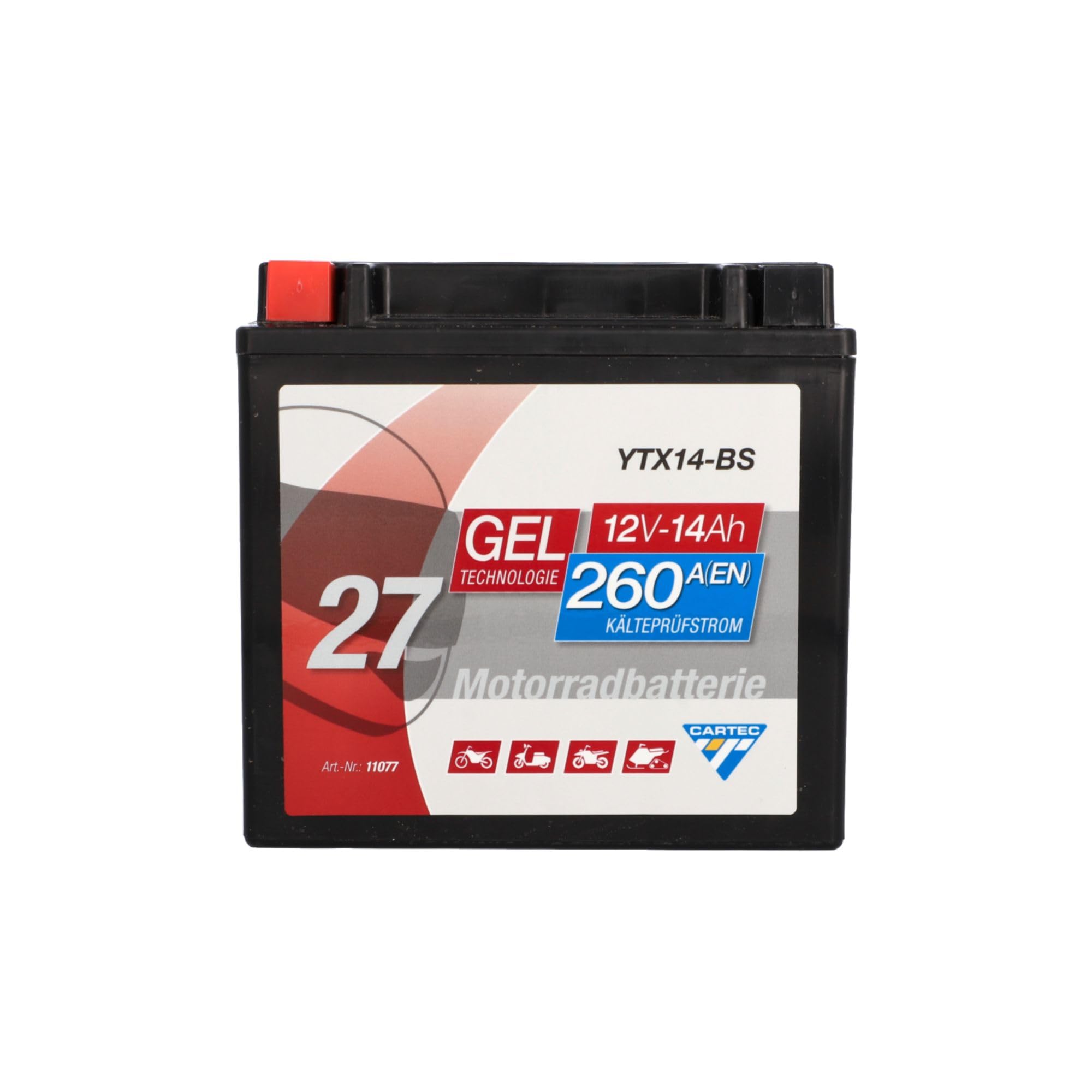 CARTEC motorcycle battery YTX14-BS, 14Ah, 260A, gel technology motorcycle starter battery, original equipment manufacturer quality, cycle-proof, storable, maintenance-free, black - 11077