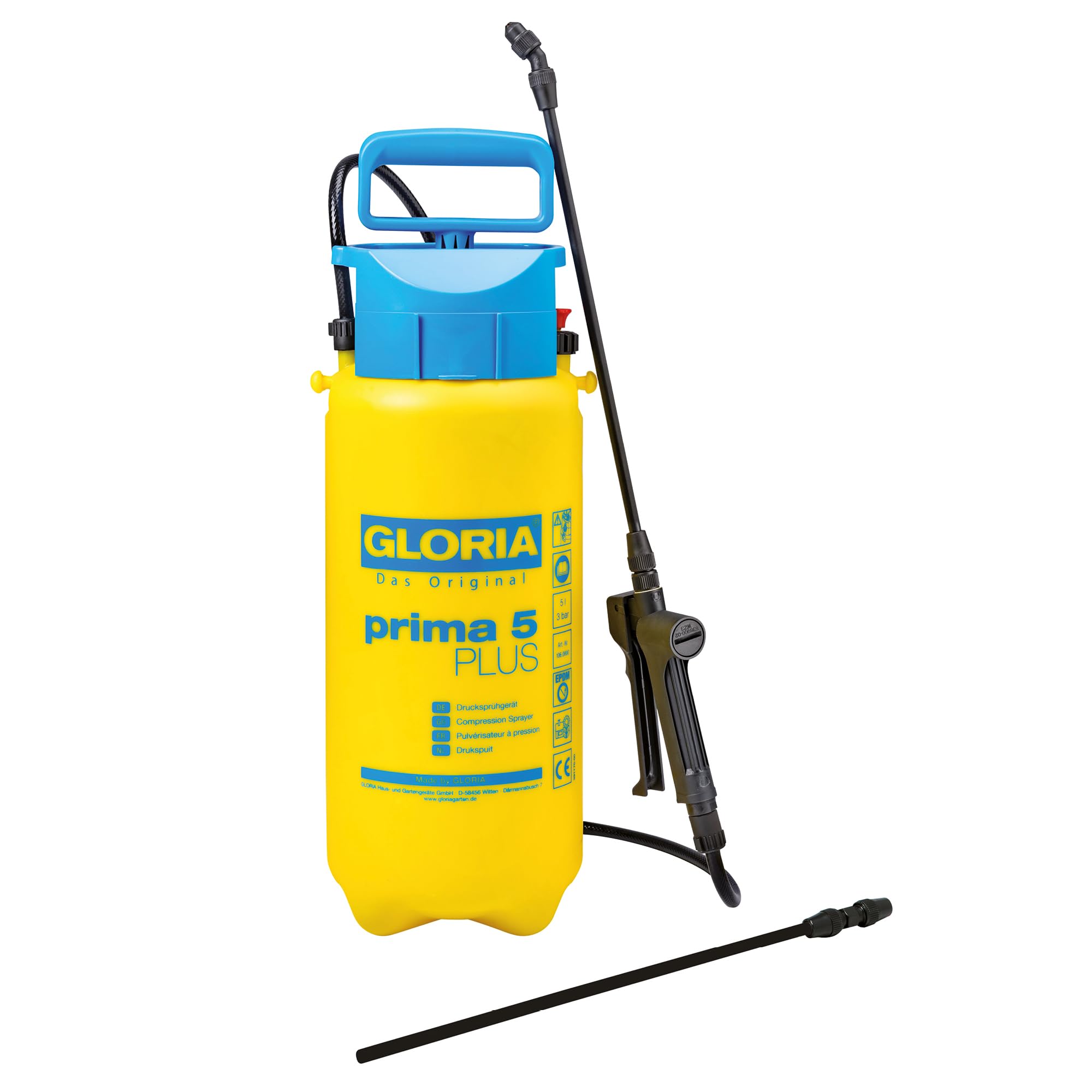 GLORIA pressure sprayer prima 5 Plus | Acid-resistant pressure sprayer 5 liters for acetic acid, pesticides & weed killers | Garden sprayer with extension lance - 000106.0000