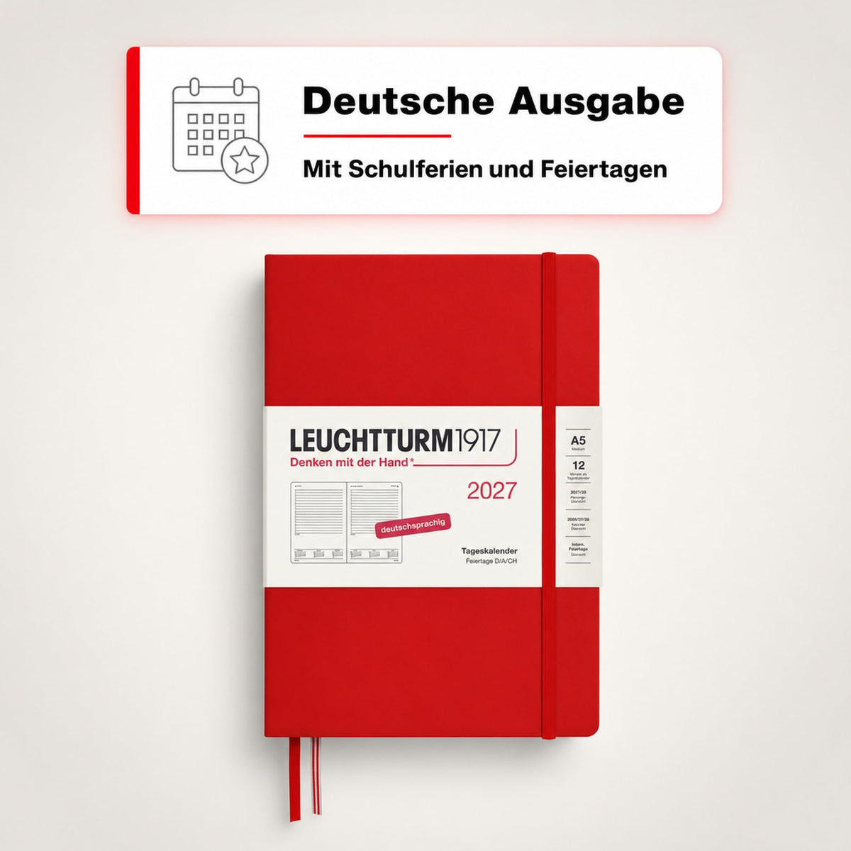LEUCHTTURM1917 Daily Calendar 2027 Medium (A5) - German, Cherry, 145 x 210 mm, January-December (12 months), 1 page per day, hourly grid 7:00-22:00, hardcover, 80 g/m² paper - 400159