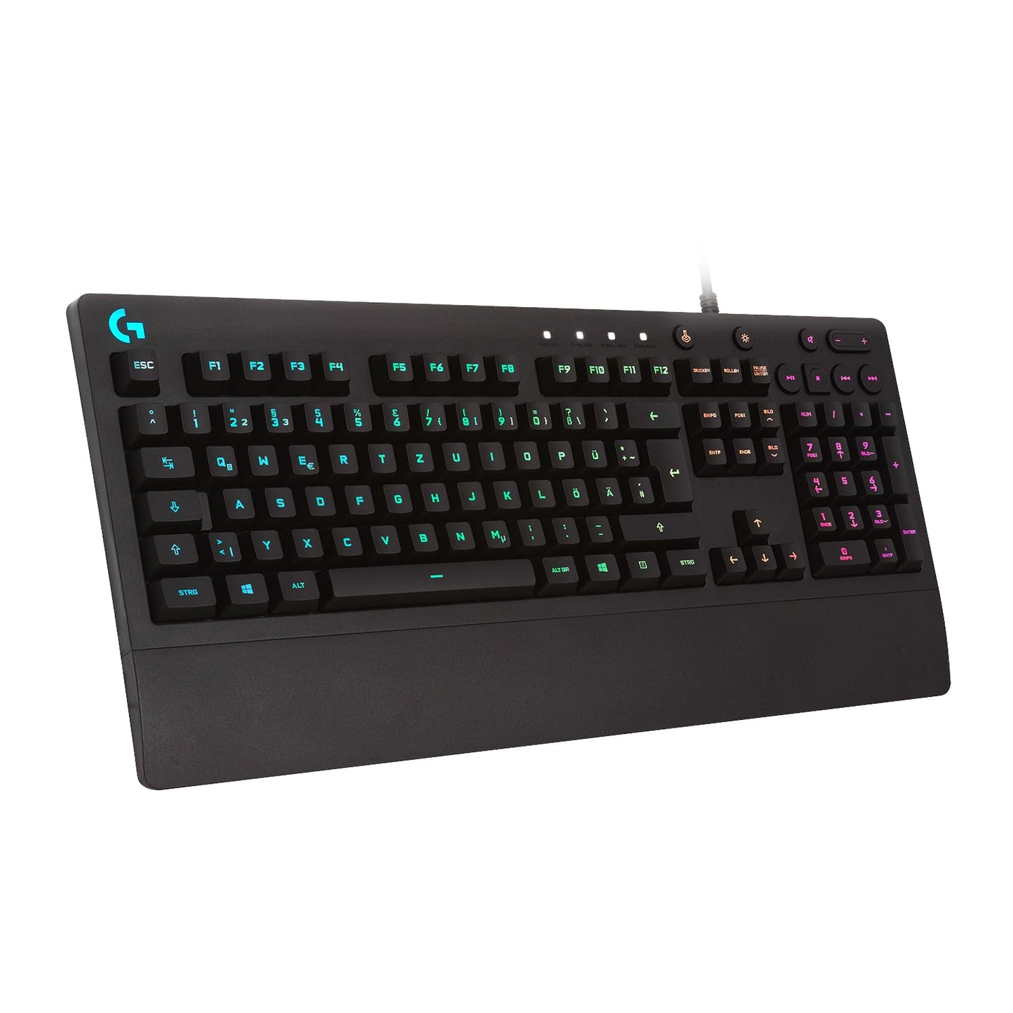 Logitech G213 Prodigy gaming keyboard, RGB lighting, programmable G-keys, multi-media controls, integrated wrist rest, splash-proof, German QWERTZ layout - black - 920-008087