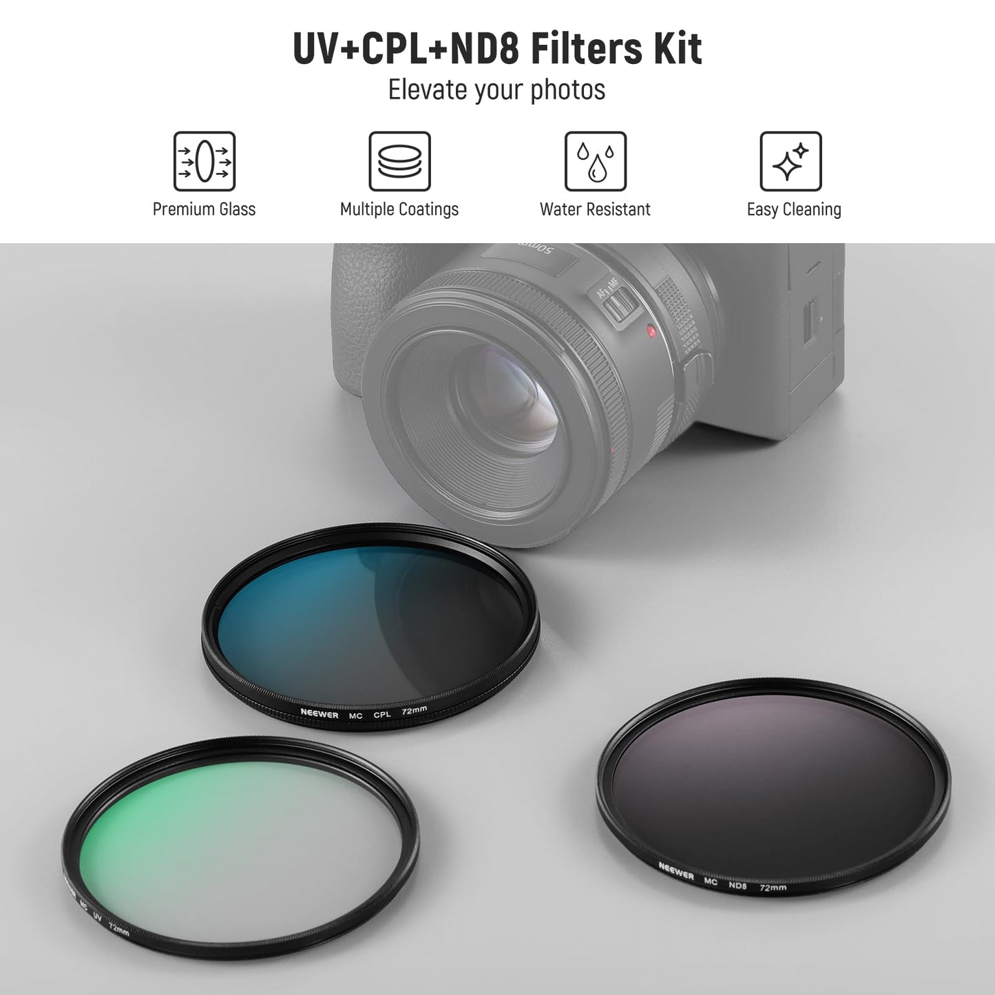 NEEWER 72 mm UV/CPL/ND lens filter set, UV protection + circular polarizing filter + gray filter (ND8) camera lens filter set with multi-coated optical glass, slim frame and storage box - 10106146