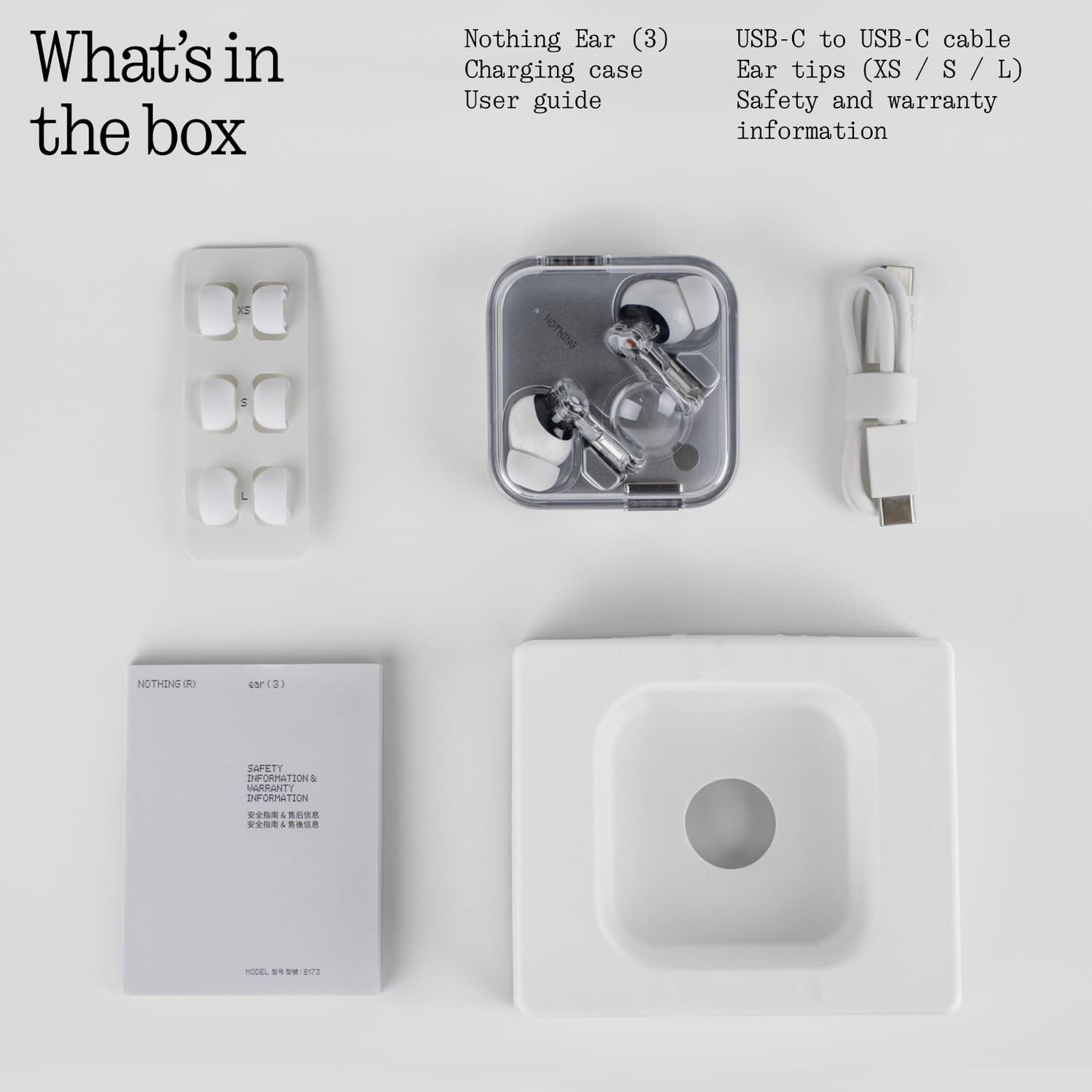 Nothing Ear (3) Wireless In-Ear Headphones, Adaptive Noise Cancellation, LDAC Hi-Res Audio, Super Mic, IP54, Fast Charging, Up to 22 Hours Battery Life, Compatible with Android & iOS - White - B173