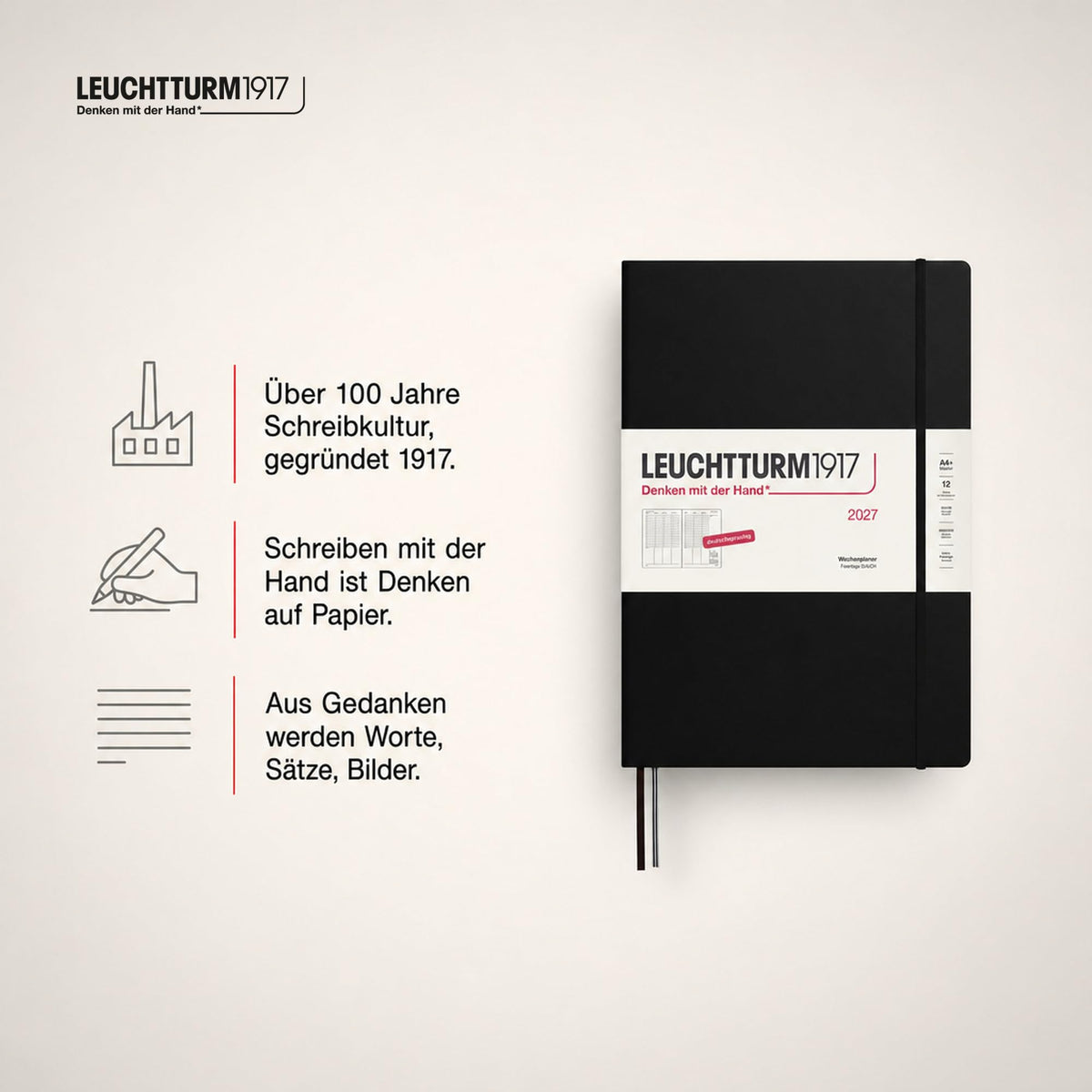 LEUCHTTURM1917 planificator săptămânal 2027 A4+ (Master) - germană, negru, 315 x 225 mm, ianuarie-decembrie (12 luni), prezentare generală săptămânală cu grilă orară 7:00-22:00 per coloană, copertă cartonată, hârtie de 100 g/m² - 400140