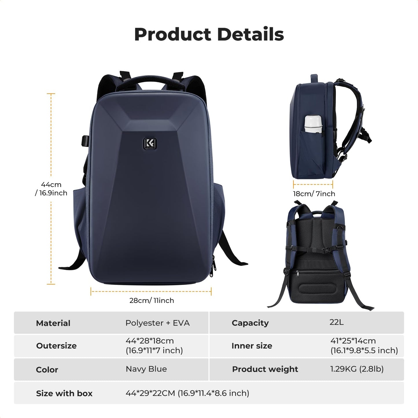 K&F CONCEPT camera backpack photo backpack with hard shell camera bag with 15.6 inch laptop compartment and rain cover, backpack for drones, deep blue - KF13.134V7