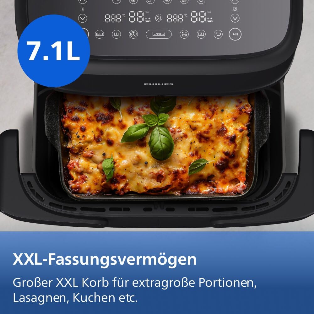 Philips Airfryer 1000 Series Flexible Basket - Hot air fryer with 7.1 L capacity, RapidAir technology, 10 cooking functions, 90% less fat, compact design, HomeID recipe app (NA154/00)