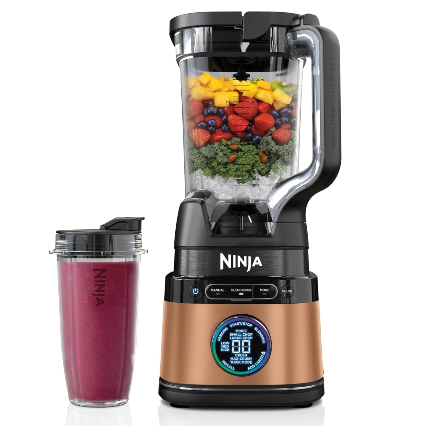 Ninja 2-in-1 Detect Power Mixer Pro & Single Serve, 1200W mixer with jug, & single serve cup, mix smoothies, chop vegetables & mix frozen drinks, copper/black, TB301EUCP