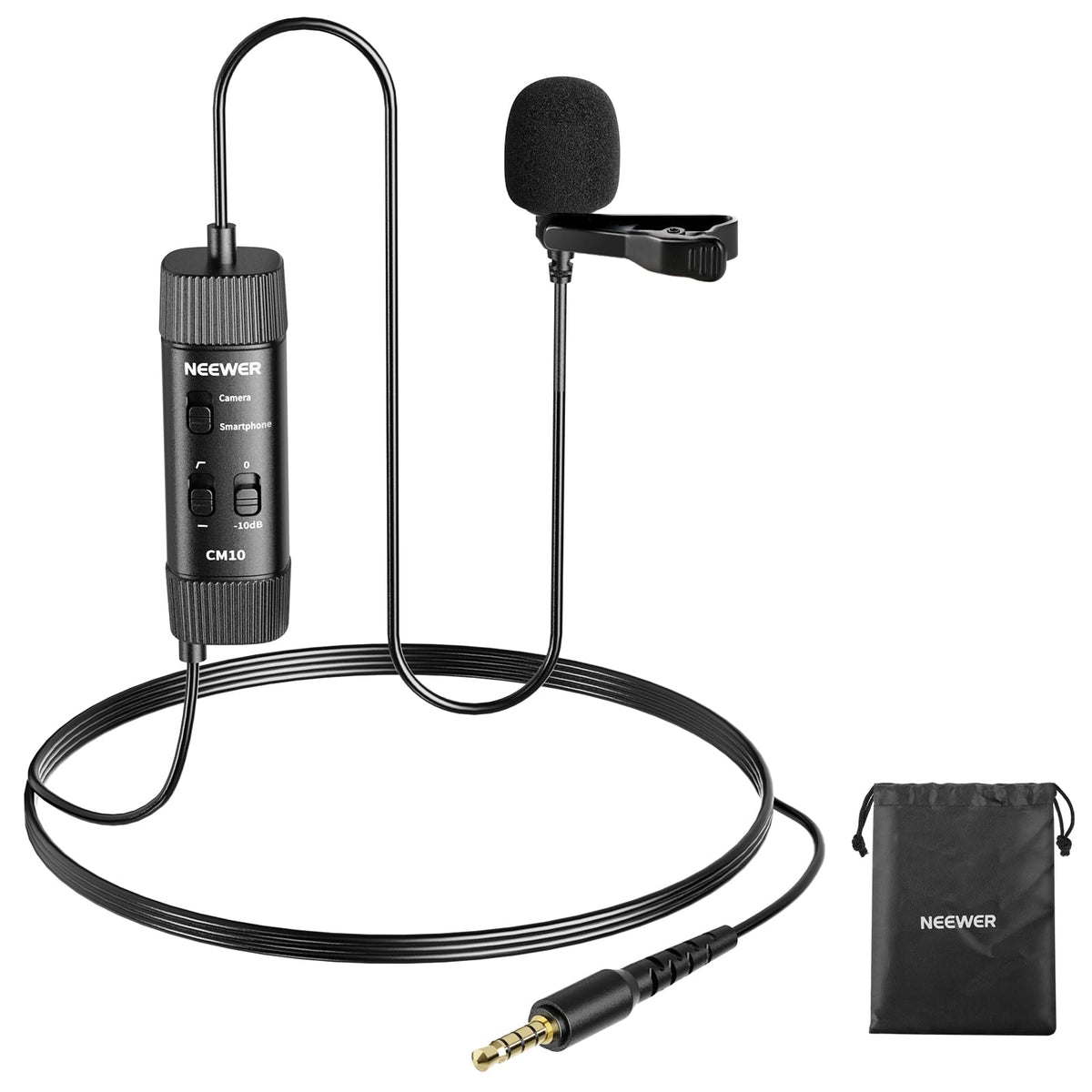 NEEWER microfon lavalier TRRS de 3,5mm, Plug & Play, microfon condensator mini cu caracteristică sferică pentru cameră, telefon mobil, PC, reducere frecvențe joase, control al amplificării, jack pentru căști de monitorizare, CM10