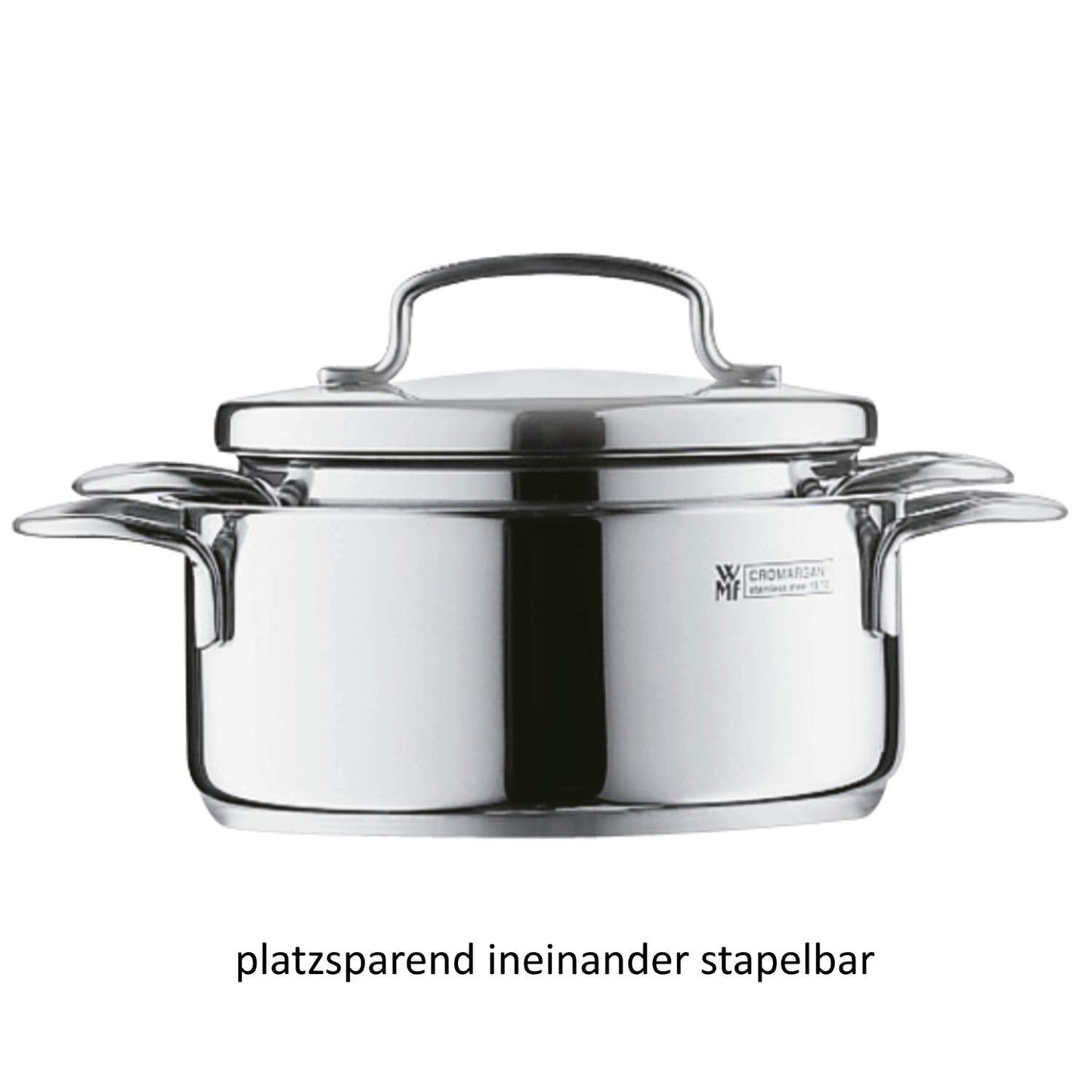 WMF mini cooking pot small 14cm, small cooking pot, metal lid, small pot, roasting pot induction 0.9l, polished Cromargan stainless steel, stackable, for small portions, single households - 0714766040