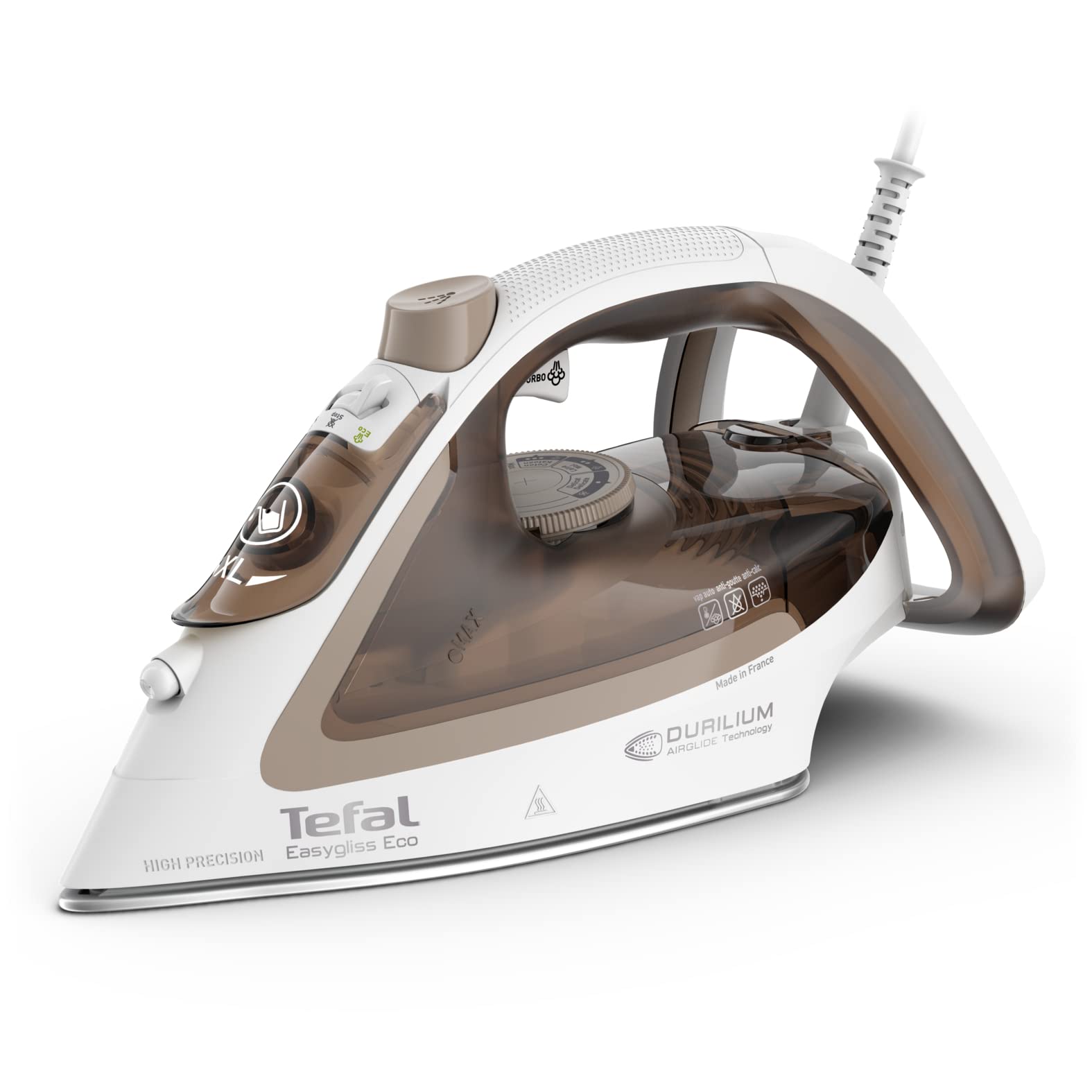 Fier de călcat cu abur Tefal Easygliss Eco, 2800 W, 240 g/min. jet de abur, 50 g/min. abur automat, abur vertical, talpă Durilium AirGlide, 88% reciclabil, mod eco, mocha/alb, FV5780 - FV5780E1