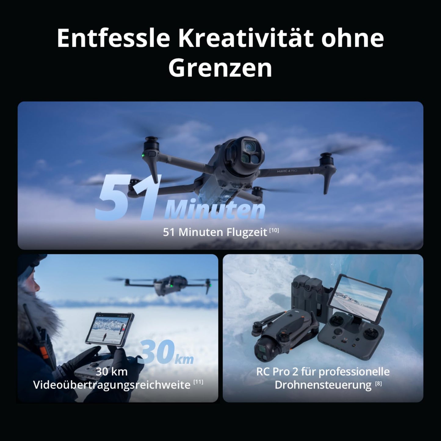 DJI Mavic 4 Pro drone with DJI RC 2, flagship triple camera drone with 100 MP 4/3 CMOS Hasselblad camera, camera drone for professionals, 30 km video transmission, 51 min. max. flight time - 6937224109933