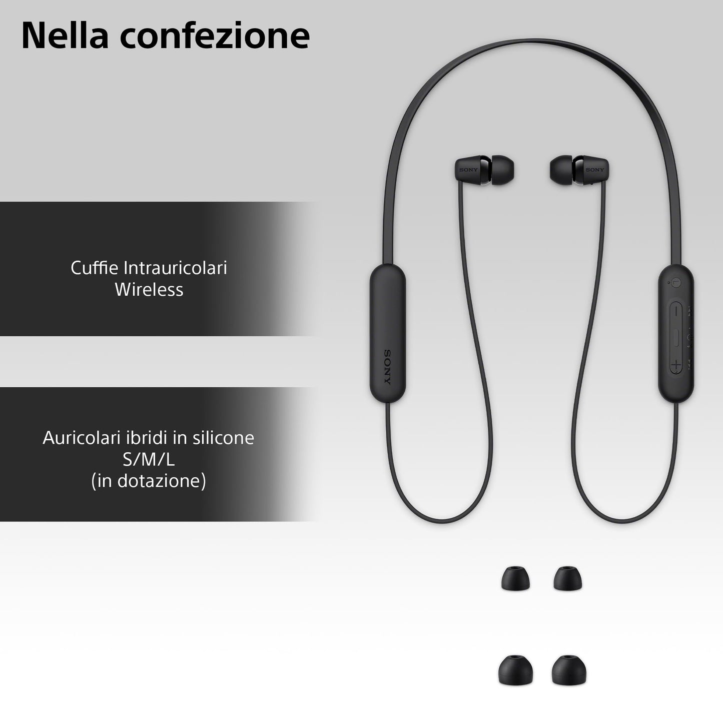 Sony wireless WI-C100 in-ear headphones (up to 25 hours of battery life, optimized for voice assistants, integrated microphone for phone calls, Bluetooth), black, small - WIC100BCE7