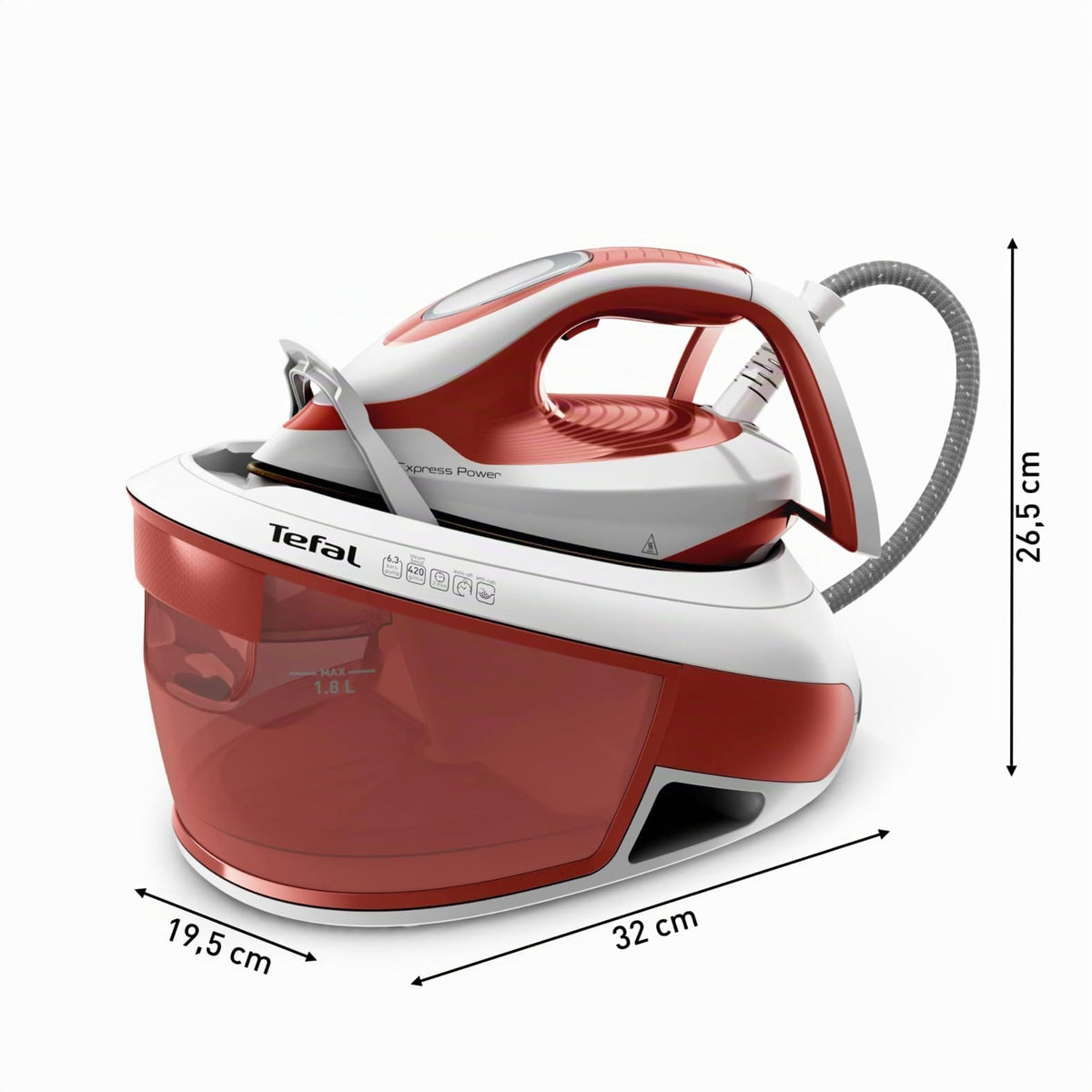 Tefal Express Power Steam Ironing Station, scale collector, Smart Temp technology, 420 g/min steam boost, 6.3-bar pressure, eco mode, 1.8 L water tank, steam iron with ironing station, terracotta, SV8110