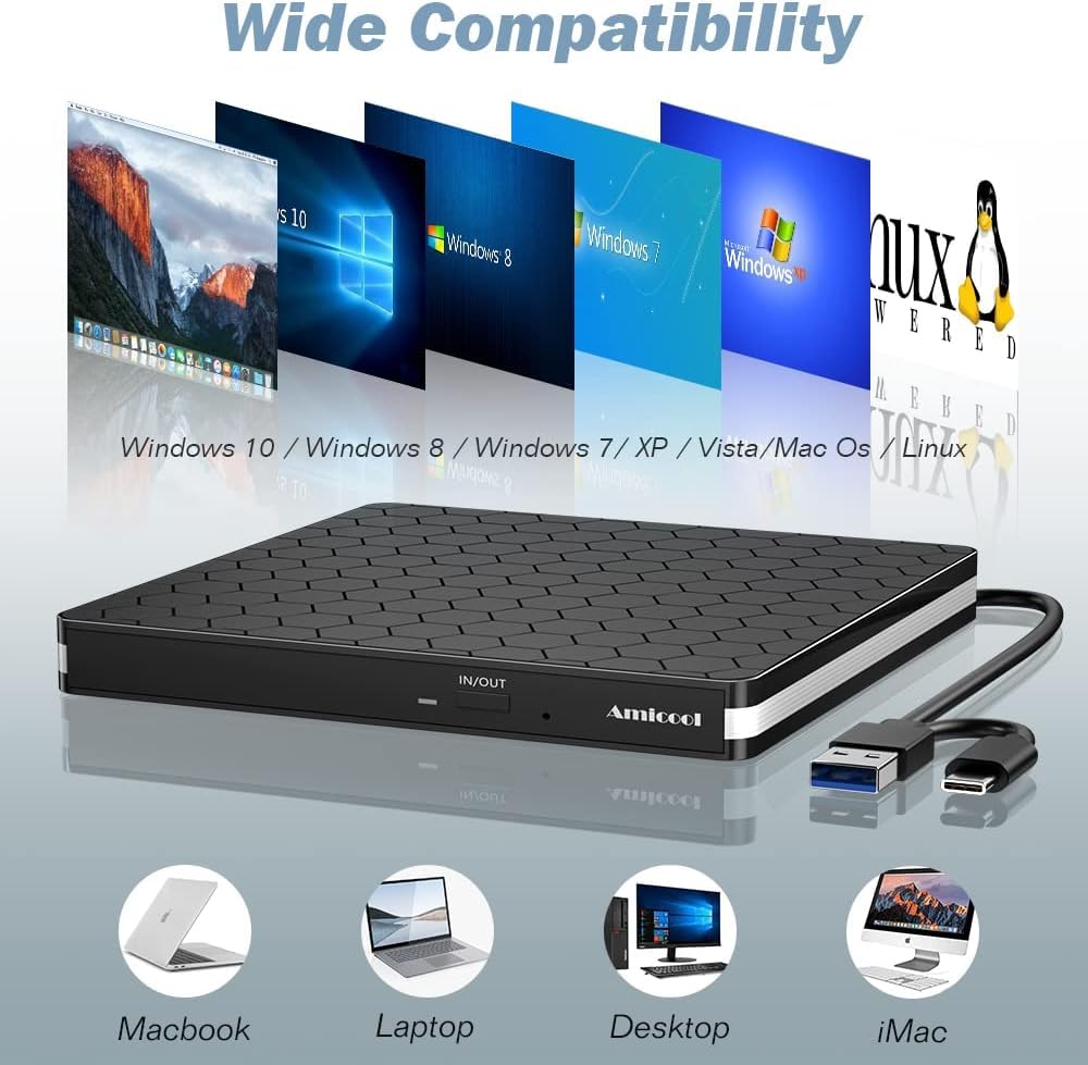Amicool External DVD Drive, USB 3.0 Type-C CD DVD +/-RW Optical Drive USB C Burner Slim CD/DVD ROM Rewriter Writer Reader Portable for PC Laptop Desktop MacBook Mac Windows 7/8.1/10 Linux OS Apple - BT686