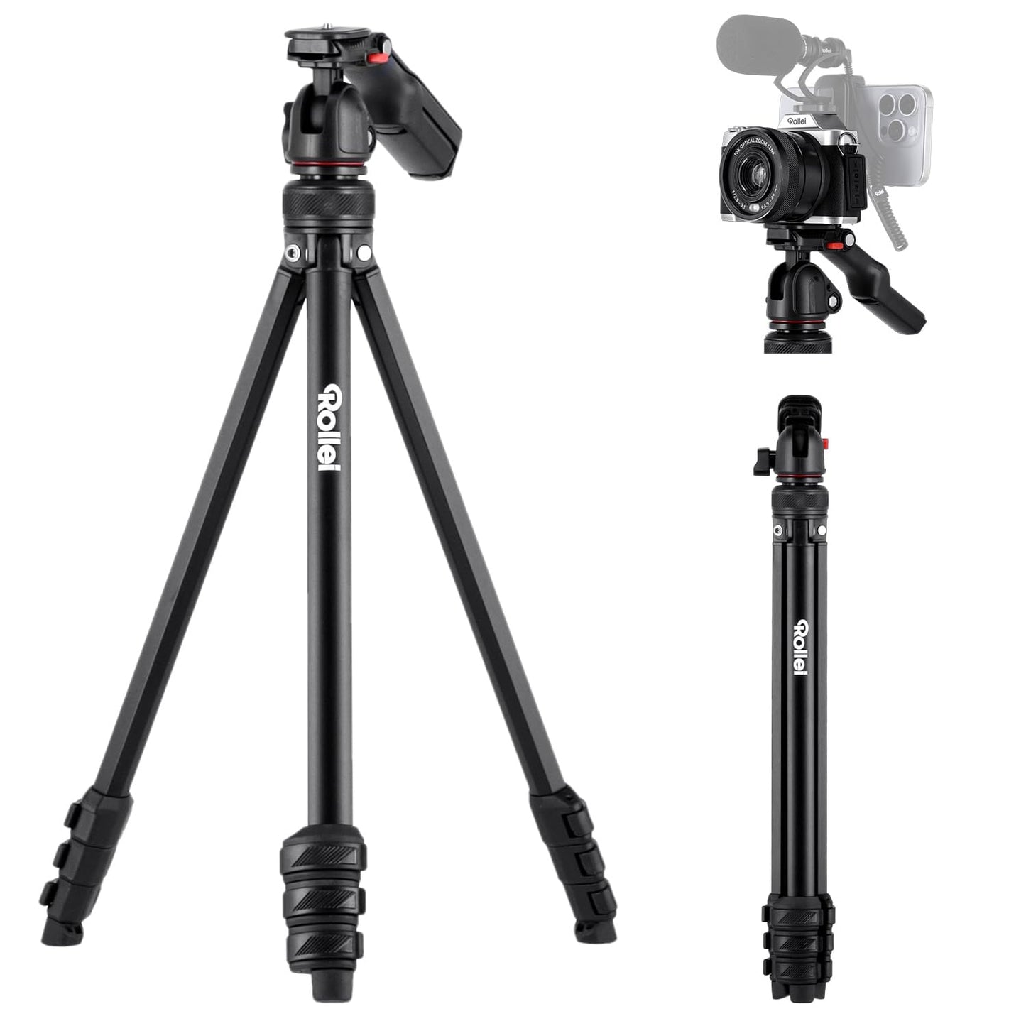 Rollei Compact Creator tripod camera, 152 cm travel tripod made of aluminum, lightweight and space-saving photo tripod with integrated mobile phone holder and remote shutter release for DSLR and mobile phone, camera tripod travel tripod - 26930