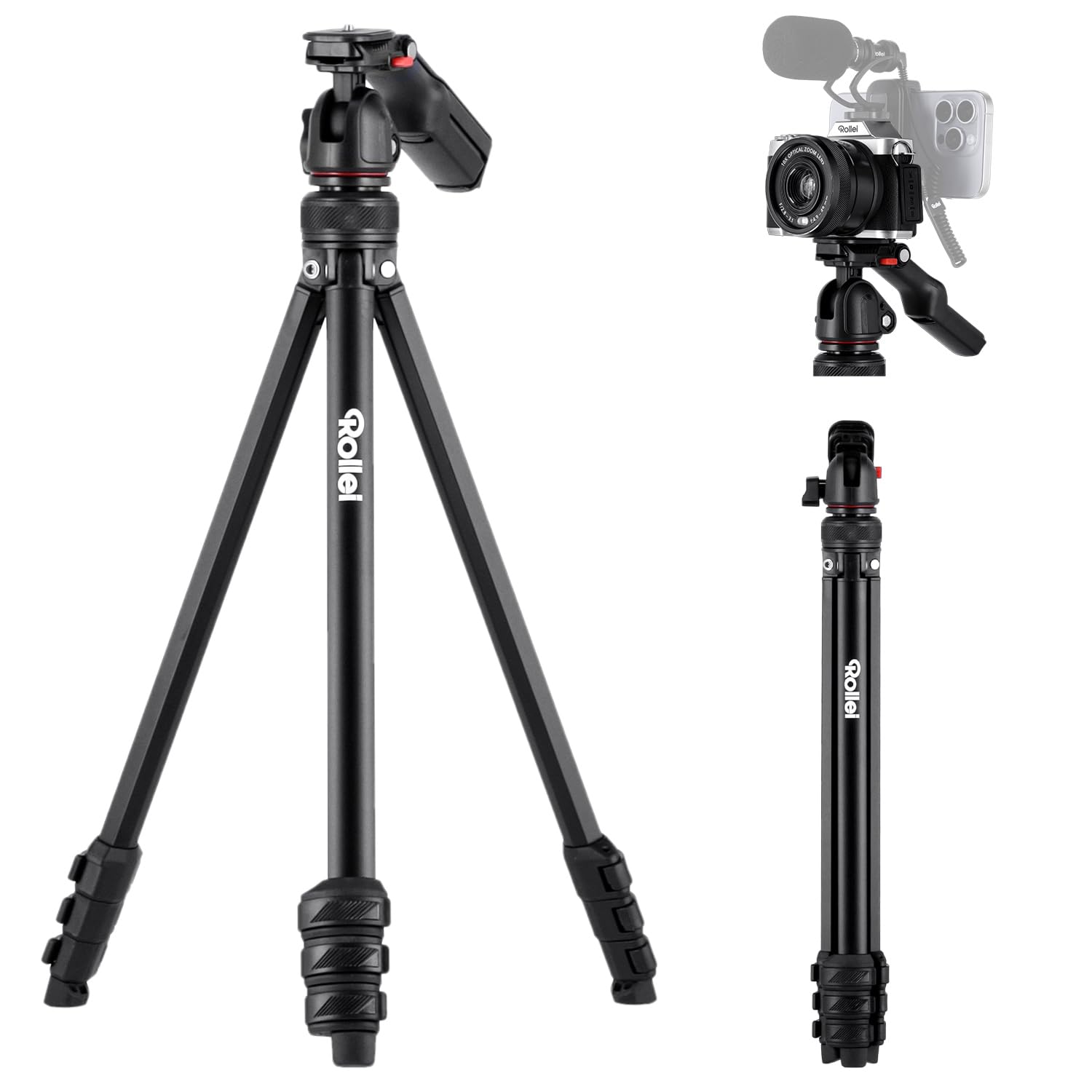 Rollei Compact Creator tripod camera, 152 cm travel tripod made of aluminum, lightweight and space-saving photo tripod with integrated mobile phone holder and remote shutter release for DSLR and mobile phone, camera tripod travel tripod - 26930