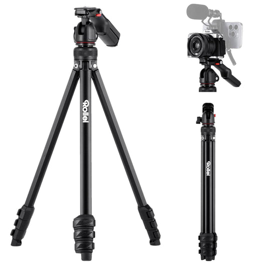 Rollei Compact Creator tripod camera, 152 cm travel tripod made of aluminum, lightweight and space-saving photo tripod with integrated mobile phone holder and remote shutter release for DSLR and mobile phone, camera tripod travel tripod - 26930
