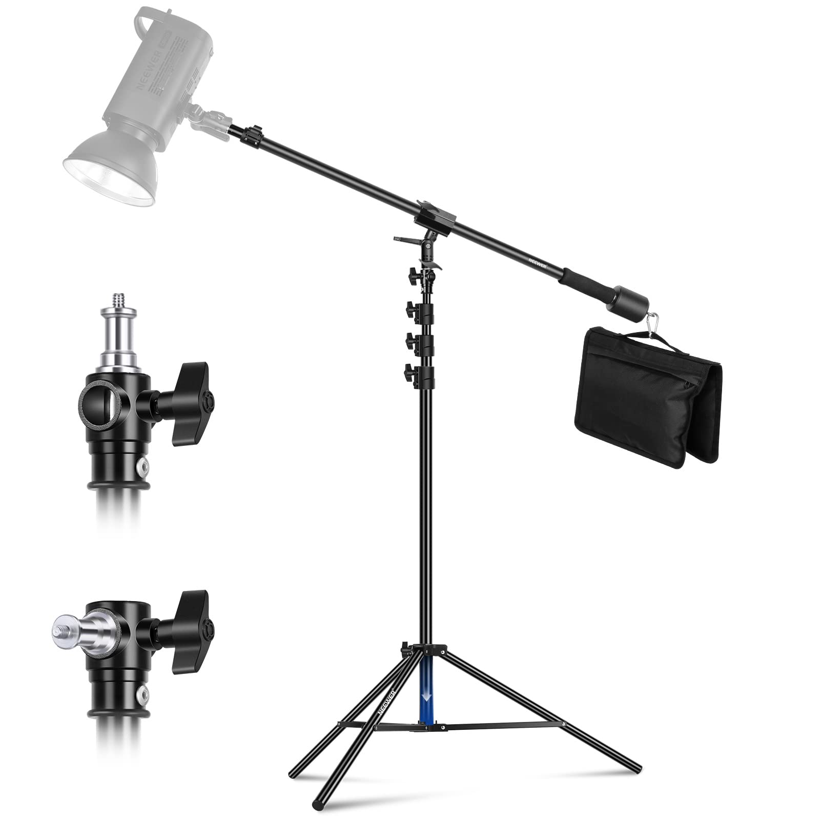 NEEWER Air-cushioned aluminum light stand, 3m adjustable photo tripod with boom arm, counterweight, sandbag, 1/4" screw for softbox, studio light, flash, umbrella, max. load 5kg - 90100462