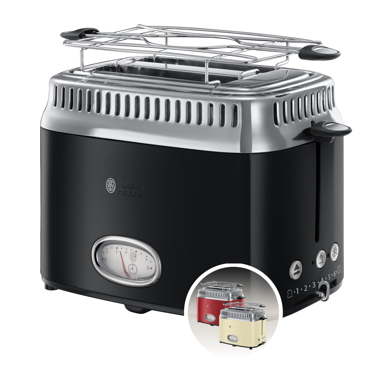 Russell Hobbs Toaster [for 2 slices] Retro Stainless Steel Black (Countdown display in retro design, includes bun warmer, 6 browning levels + defrost & reheat function, 1300W) Vintage 21681-56