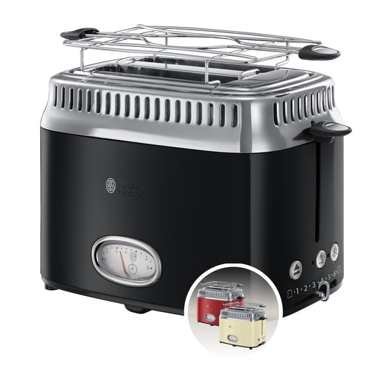 Russell Hobbs Toaster [for 2 slices] Retro Stainless Steel Black (Countdown display in retro design, includes bun warmer, 6 browning levels + defrost & reheat function, 1300W) Vintage 21681-56