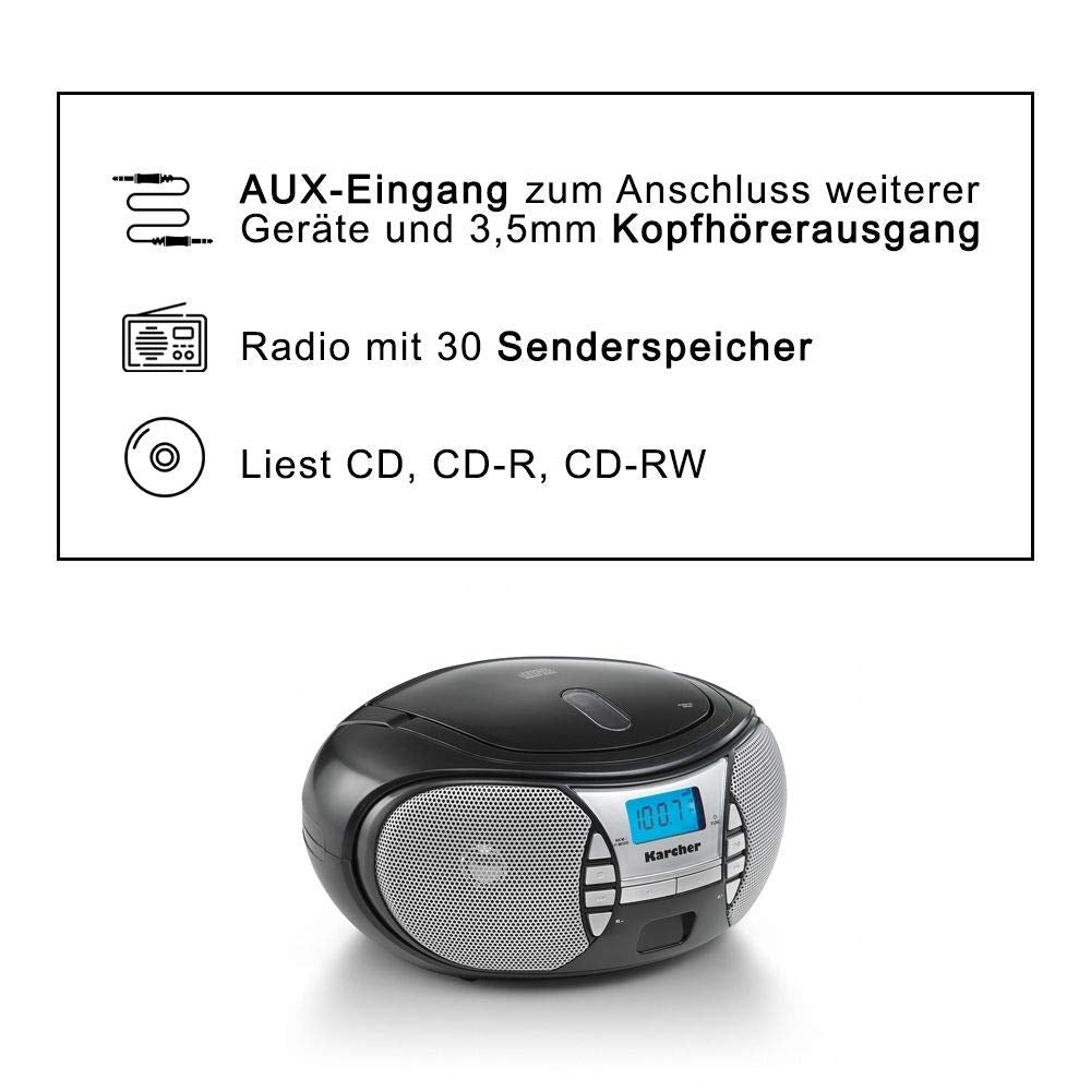KARCHER RR 5025-B portable radio, CD player with mains and battery operation, FM radio with AUX connection and headphone jack, black