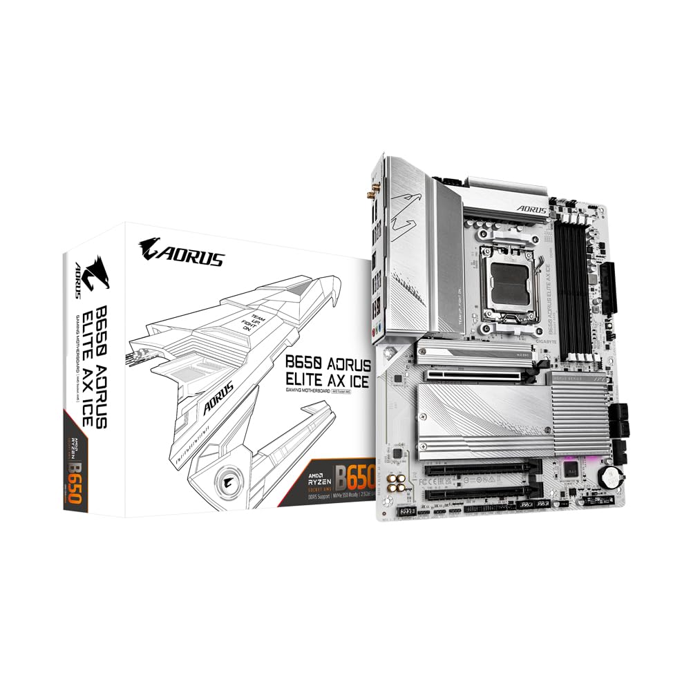 Placa de bază GIGABYTE B650 AORUS ELITE AX ICE – Suportă procesoare AMD Ryzen 9000, VRM digital cu 12+2+2 faze, până la 8000 MHz DDR5 (OC), 1xPCIe 5.0 + 2xPCIe 4.0 M.2, Wi-Fi 6E, LAN 2.5GbE, USB 3.2 Gen 2x2